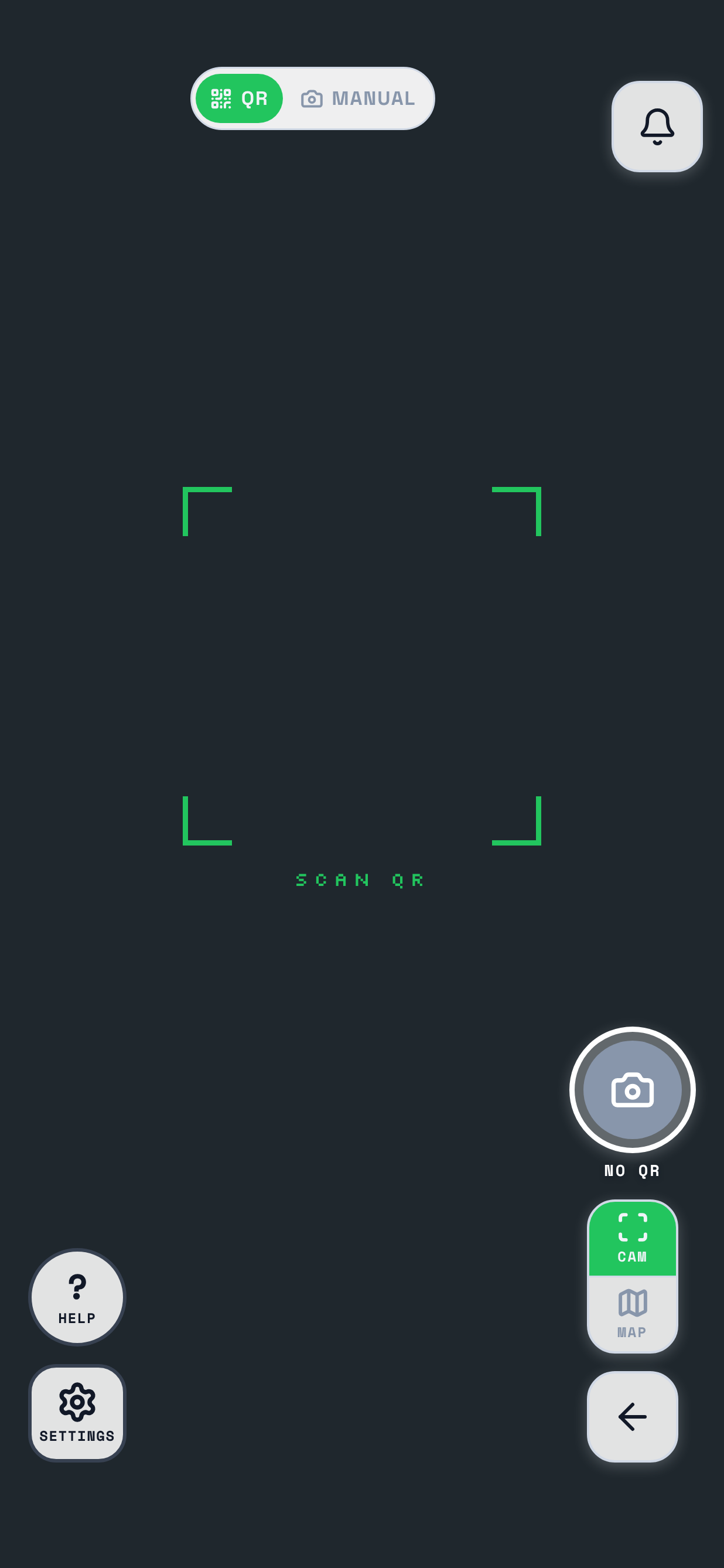 The camera in TraceReach Drop, the screen the app opens on. Marked on it: the gear in the bottom left corner.