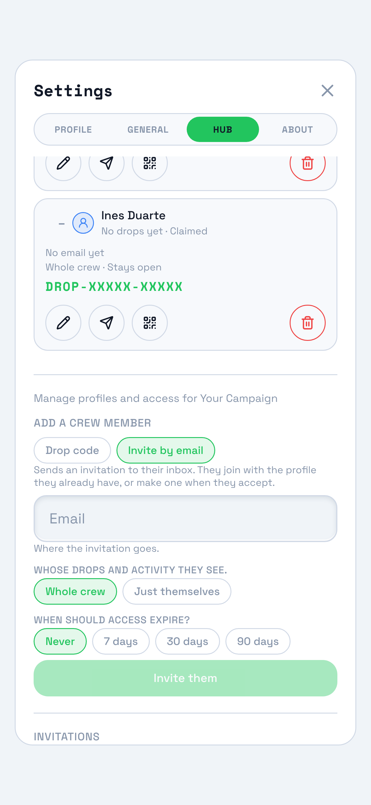 The Hub pane scrolled to Add a crew member, with Invite by email picked. Marked on it: the two chips and the line under them, Sends an invitation to their inbox. They join with the profile they already have, or make one when they accept.