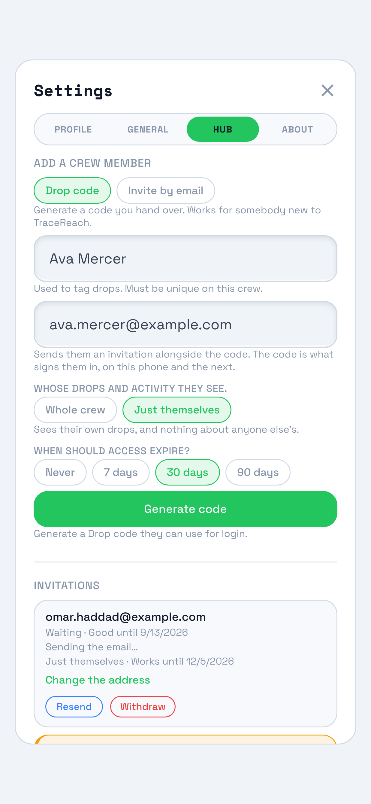 The Hub pane with the Drop-code form filled in. Marked on it: the form under Add a crew member, a profile name, an email box with the hint that it sends an invitation alongside the code, a pair of chips choosing whose drops and activity they see, four chips choosing when access expires, and the Generate code button.