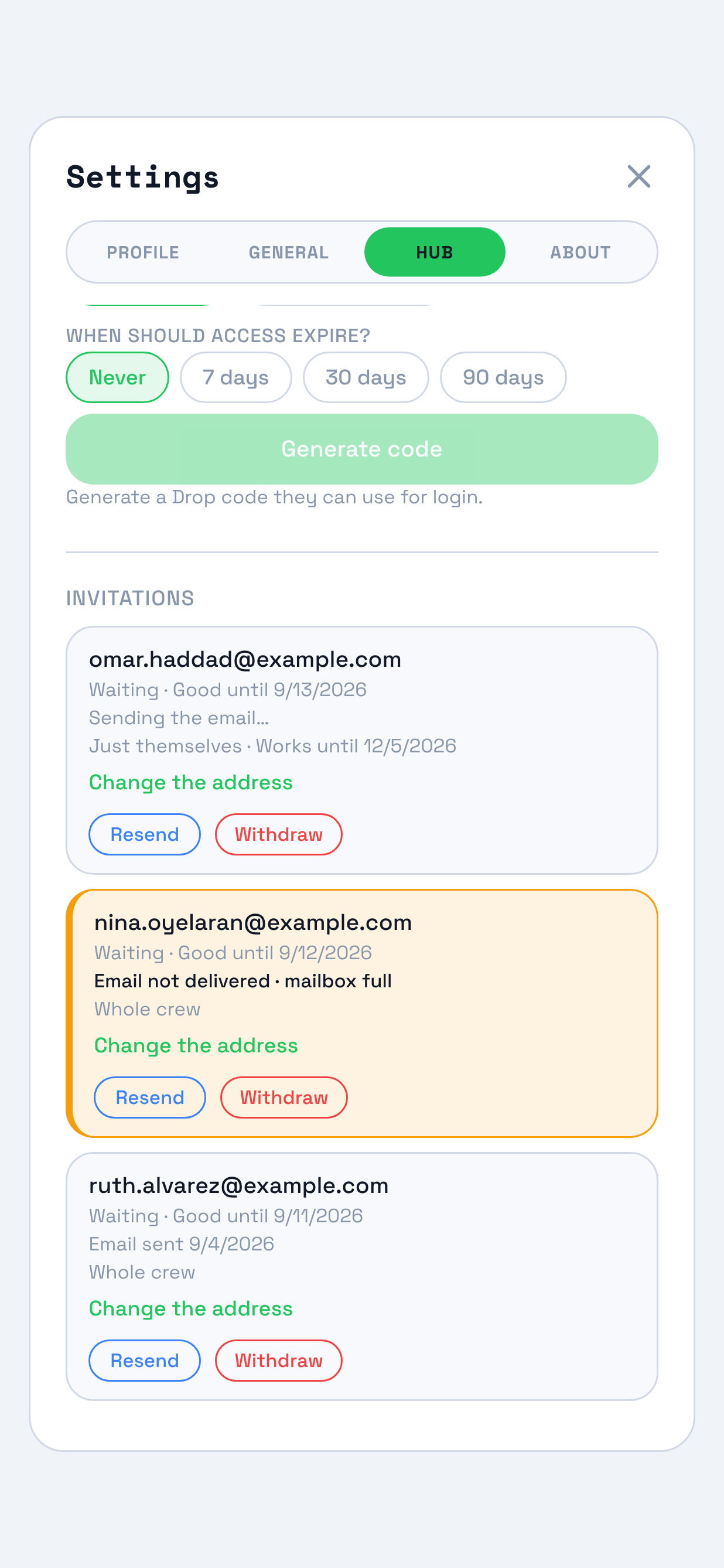 The Hub pane scrolled to Invitations, showing three rows. All three read Waiting beside their own Good until date, and they differ on the email line under it. Marked on it: that line on each of the three, reading Sending the email, then Email not delivered with the reason mailbox full on an amber row, then Email sent with its date.