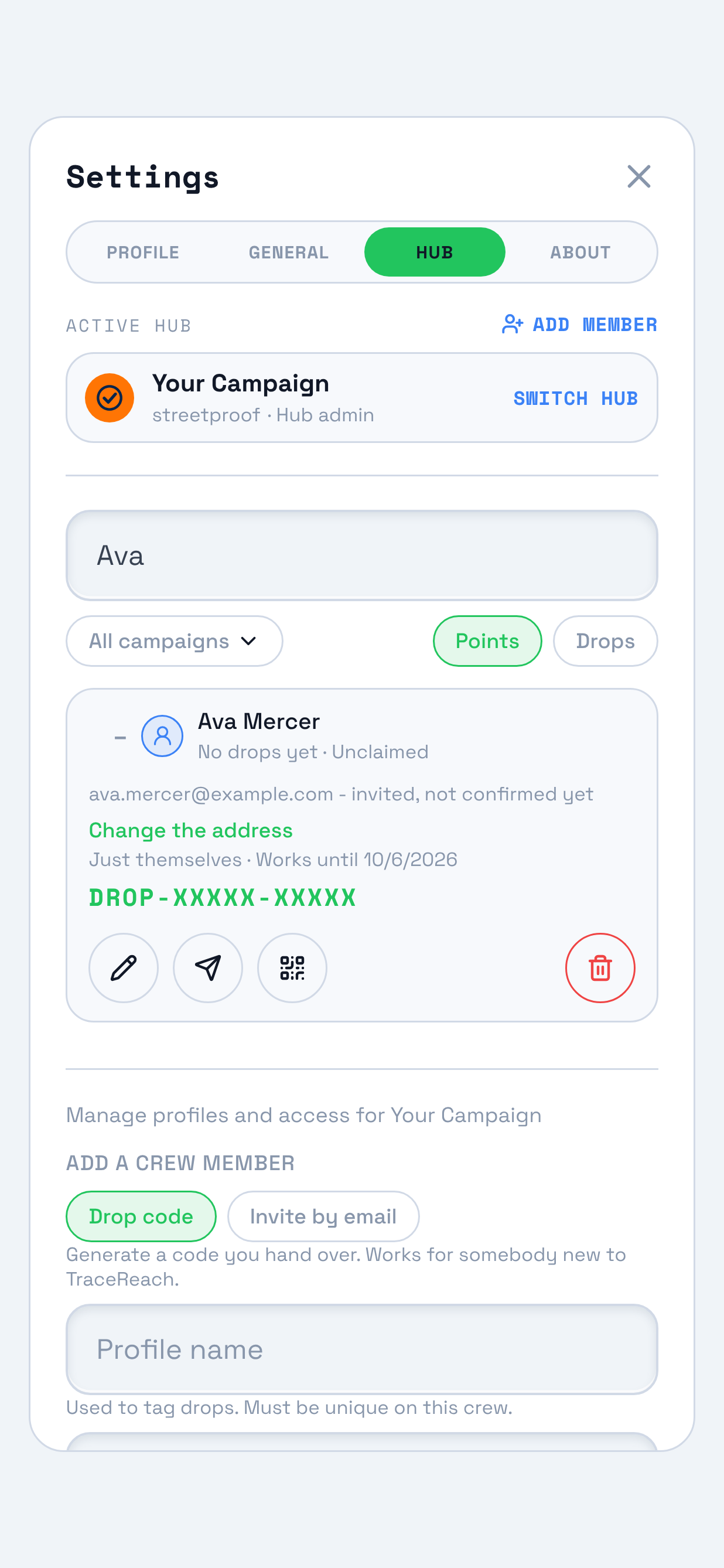 The Hub pane with the roster searched for Ava. Marked on it: the new row, showing their name, Unclaimed, and their address reading invited, not confirmed yet.