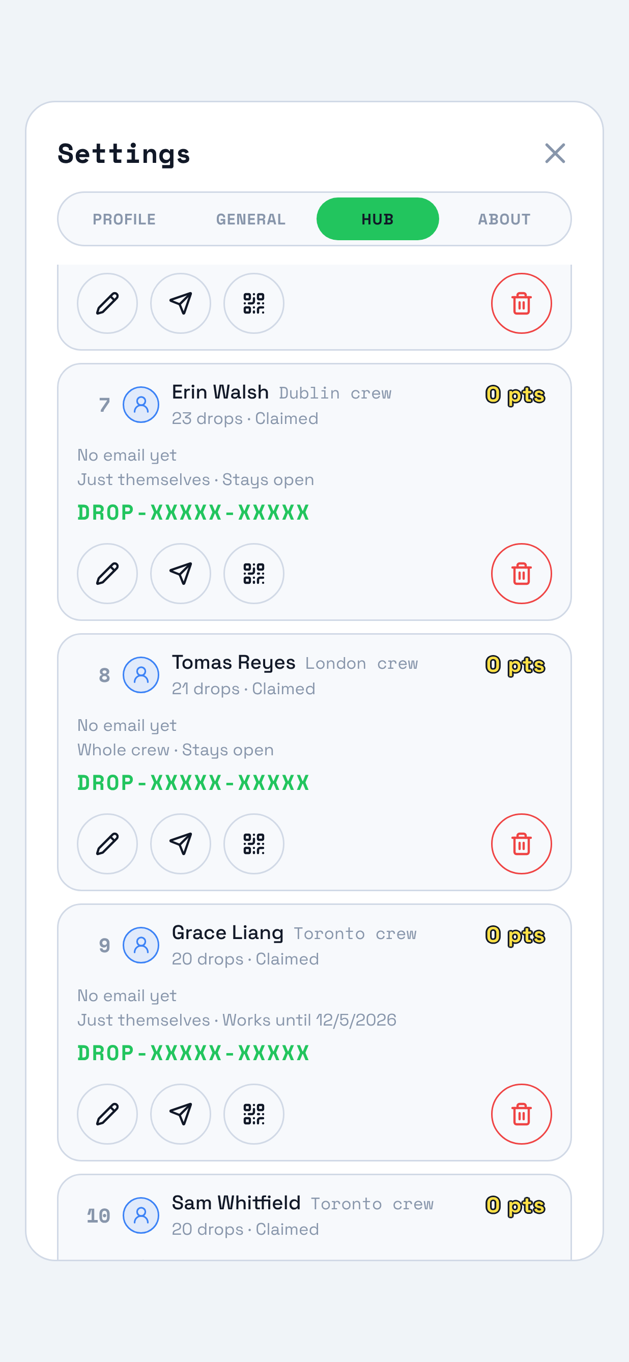 A crew member's row on the Hub pane in TraceReach Drop. Marked on it: their Drop code, printed under the line reading Whole crew, Stays open, and two of the controls below it, Send invite and QR invite.