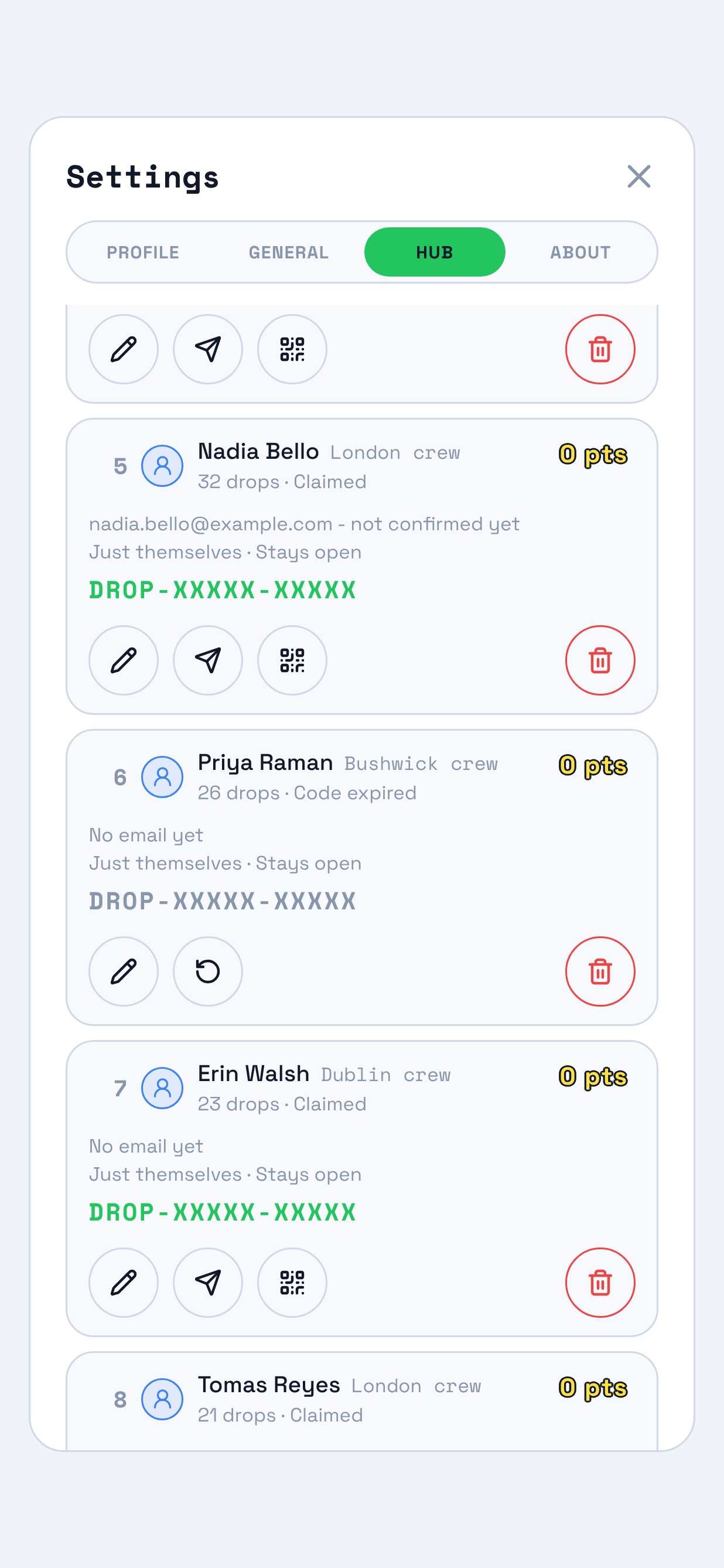 The Hub pane with three crew rows in view, the middle one lapsed. Marked on it: that row's status line reading 26 drops, Code expired, and the single round control beside Edit that reissues a code, where the two rows either side carry Send invite and QR invite.