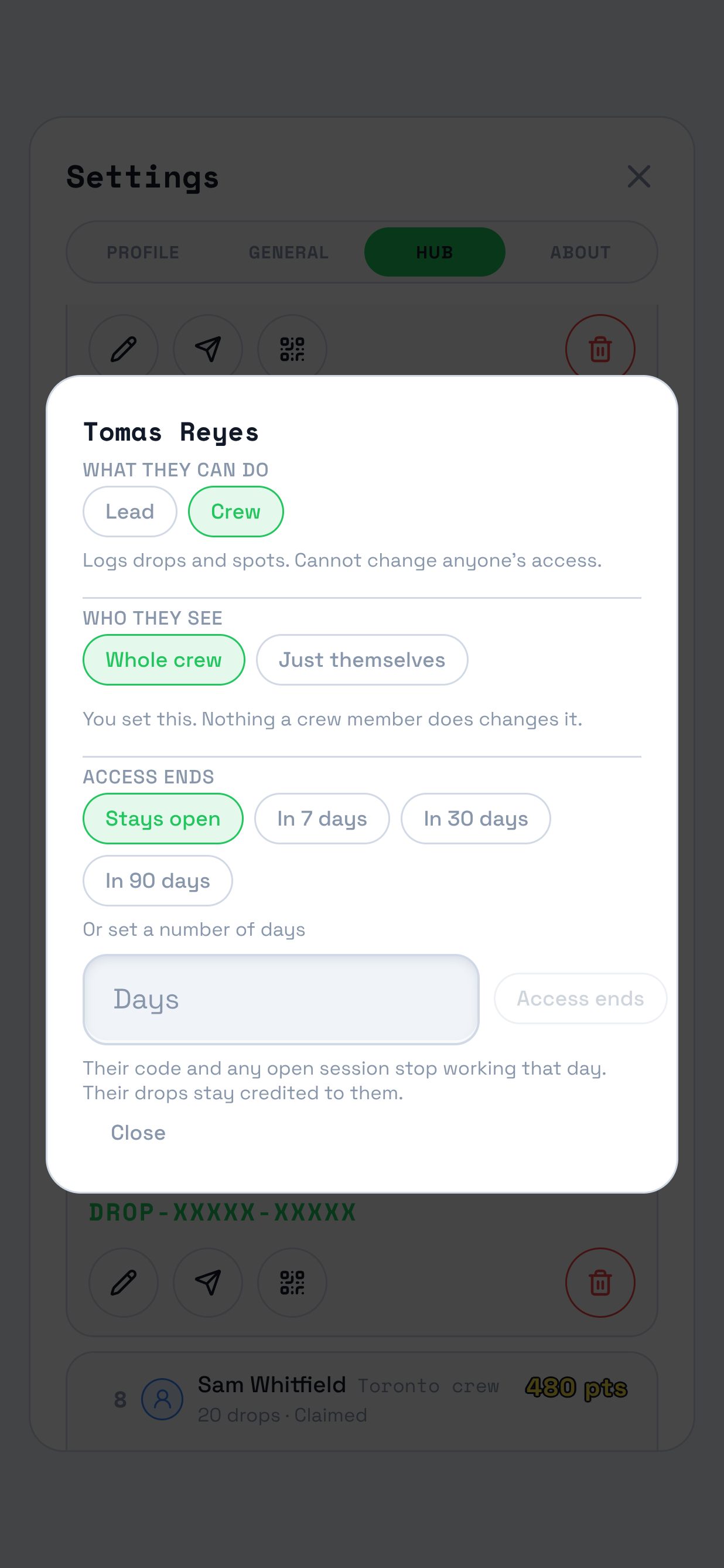 The sheet that Edit opens, over the dimmed roster. Marked on it: its three questions, What they can do, with Lead and Crew chips under it, Who they see, with Whole crew and Just themselves, and Access ends, with Stays open and three day presets.