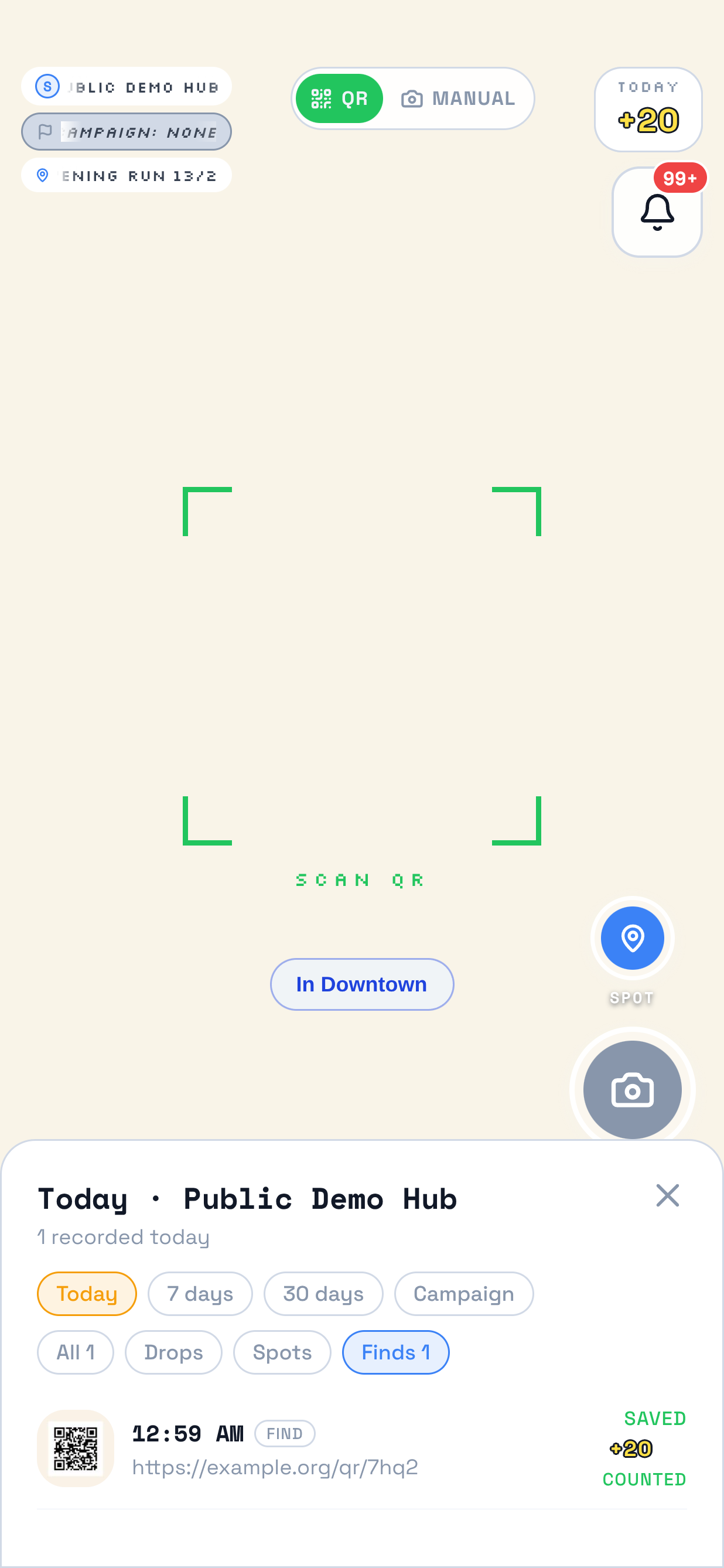 The camera in TraceReach Drop with the activity sheet open over it. Marked on it: the Finds filter, and the one row under it tagged FIND, carrying a photo of the scanned QR code, the time, the address the code points to, and Saved.