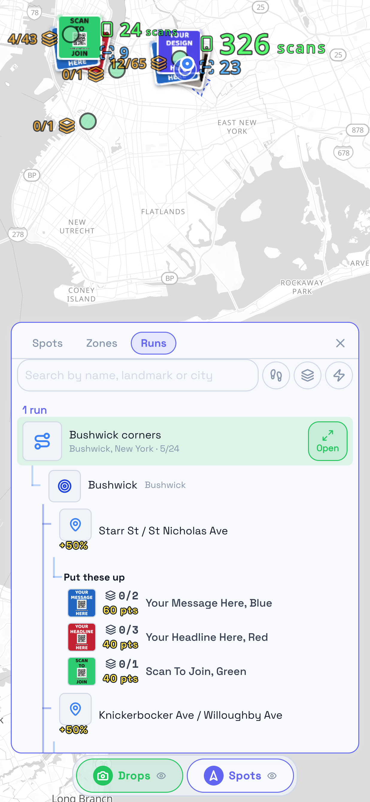 The Runs tab in TraceReach Drop, open over the map. Marked on it: the run Bushwick corners, reading Bushwick, New York and 5 of 24, and under it, indented, the zone Bushwick with a 700m range and two spots inside that zone, the first showing the three designs it asks for.
