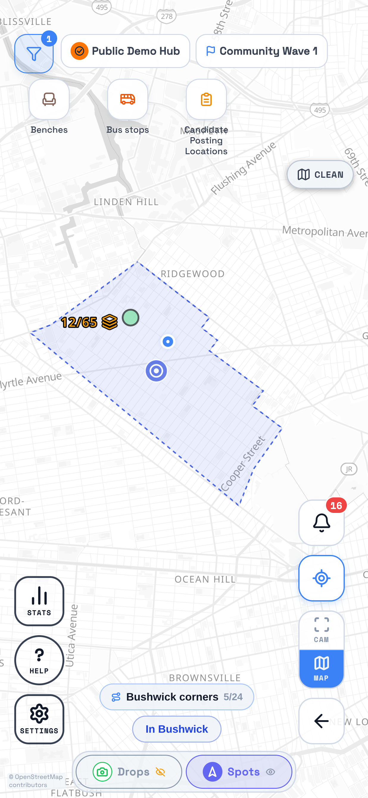 The map in TraceReach Drop over Bushwick. Marked on it: a drop zone drawn as a dashed blue circle with a pale fill, its centre mark in the middle, and four spots inside it, each labelled with how many drops it still needs.