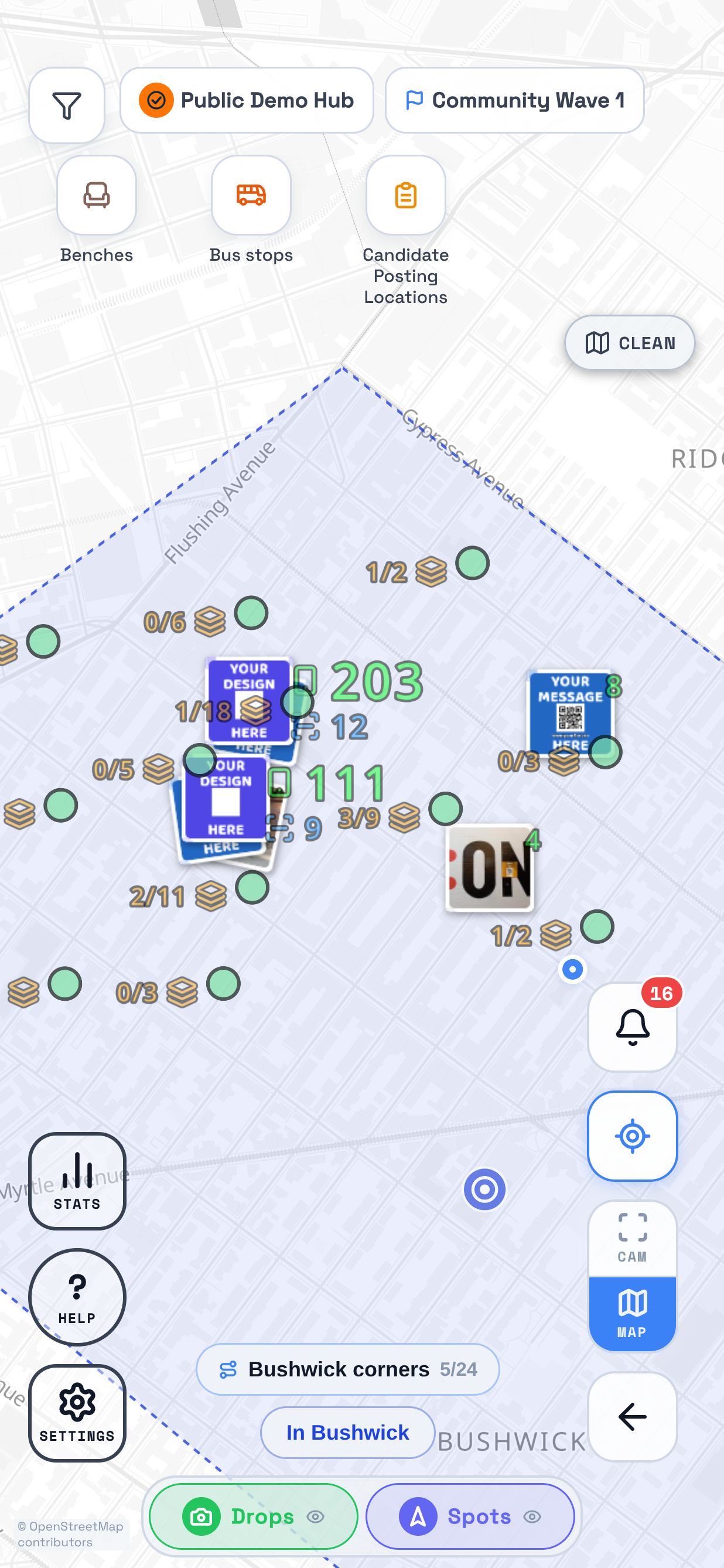 The map in TraceReach Drop over Bushwick. Marked on it: the round ? tile, captioned HELP, in the bottom left corner, above the Stats and Settings tiles.