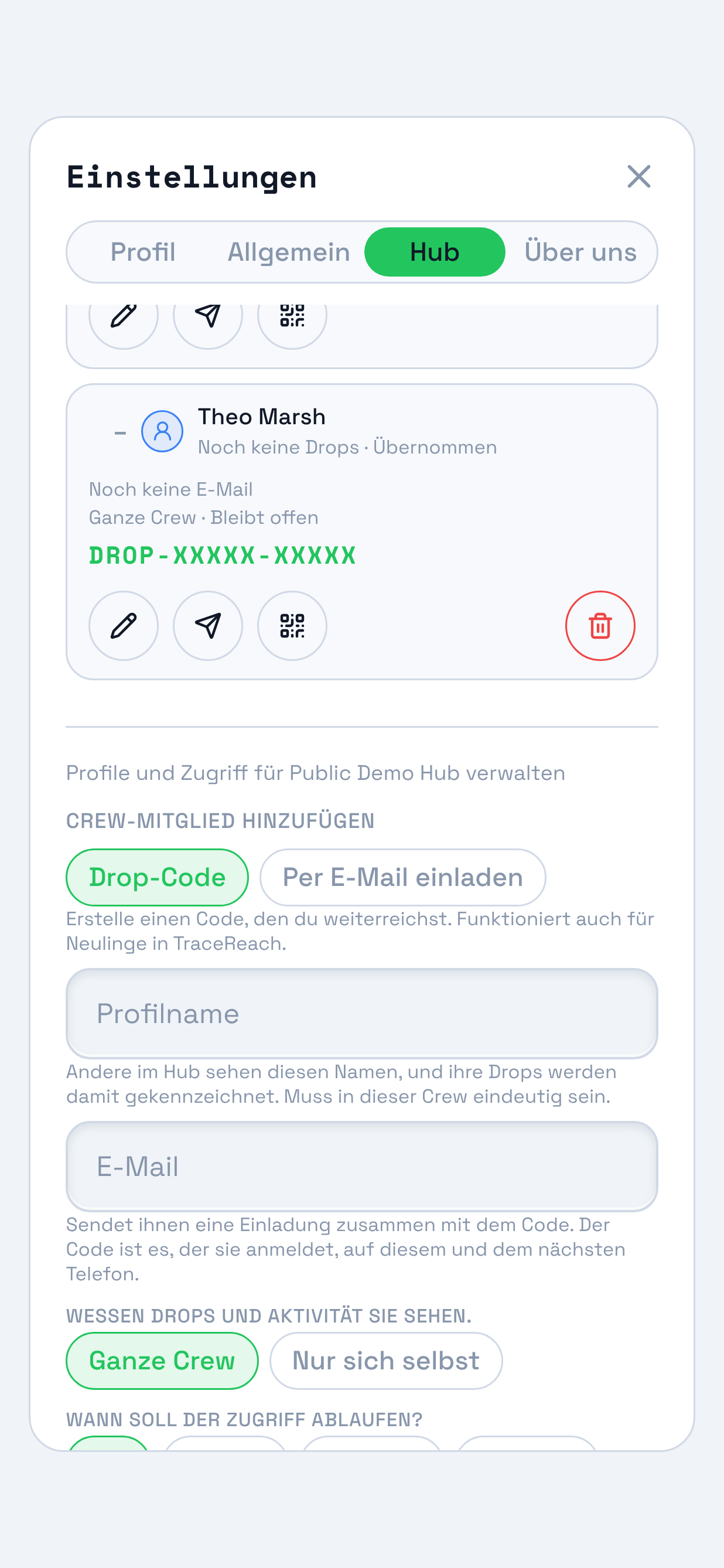 Derselbe Bereich, diesmal mit ausgewähltem „Drop-Code“. Markiert sind die beiden Auswahlfelder und der Hinweis darunter: Erstelle einen Code zum Weitergeben. Das funktioniert auch für jemanden, der TraceReach noch nicht nutzt.