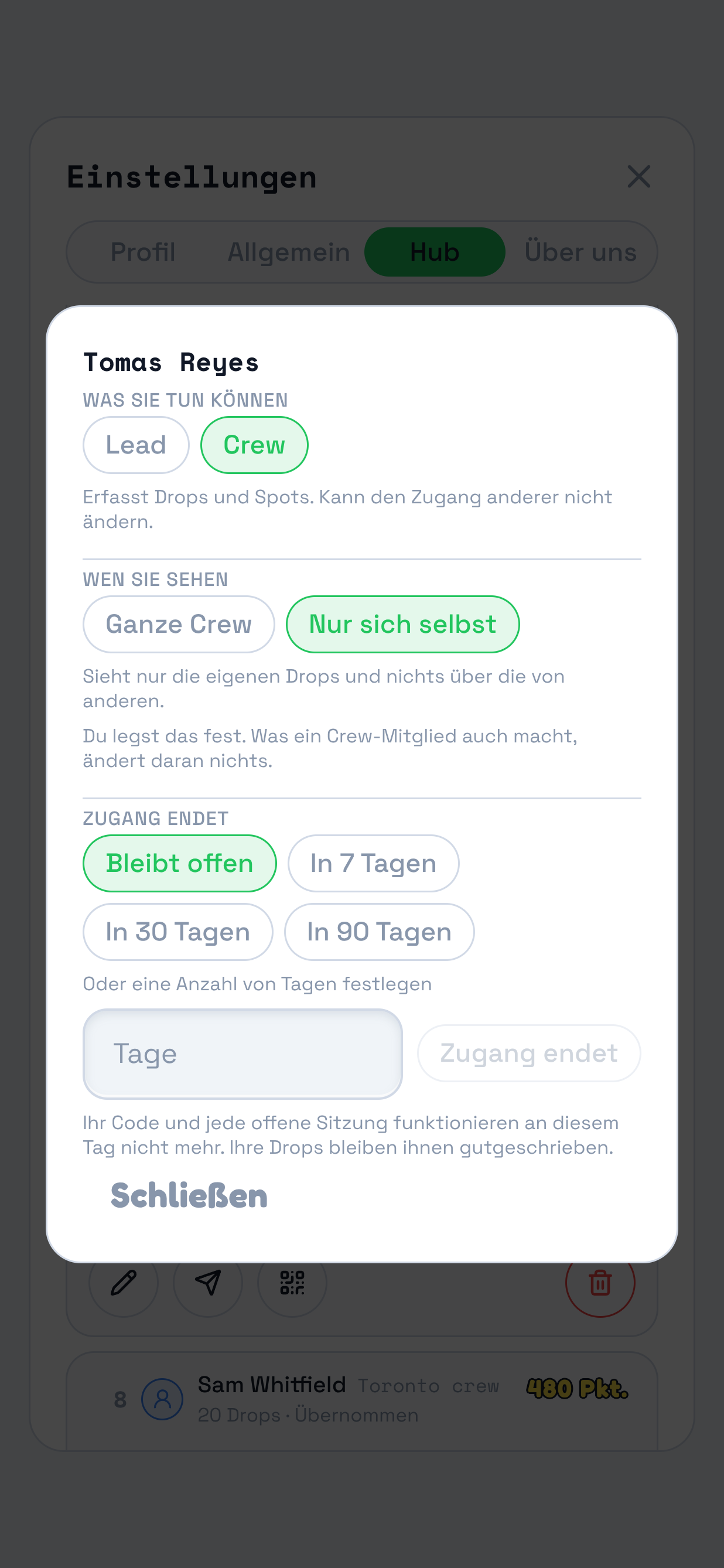 Derselbe Dialog mit ausgewähltem „Nur sich selbst“. Markiert sind die beiden Auswahlfelder, „Nur sich selbst“ ist aktiv. Darunter steht: Sieht eigene Drops und nichts über andere.