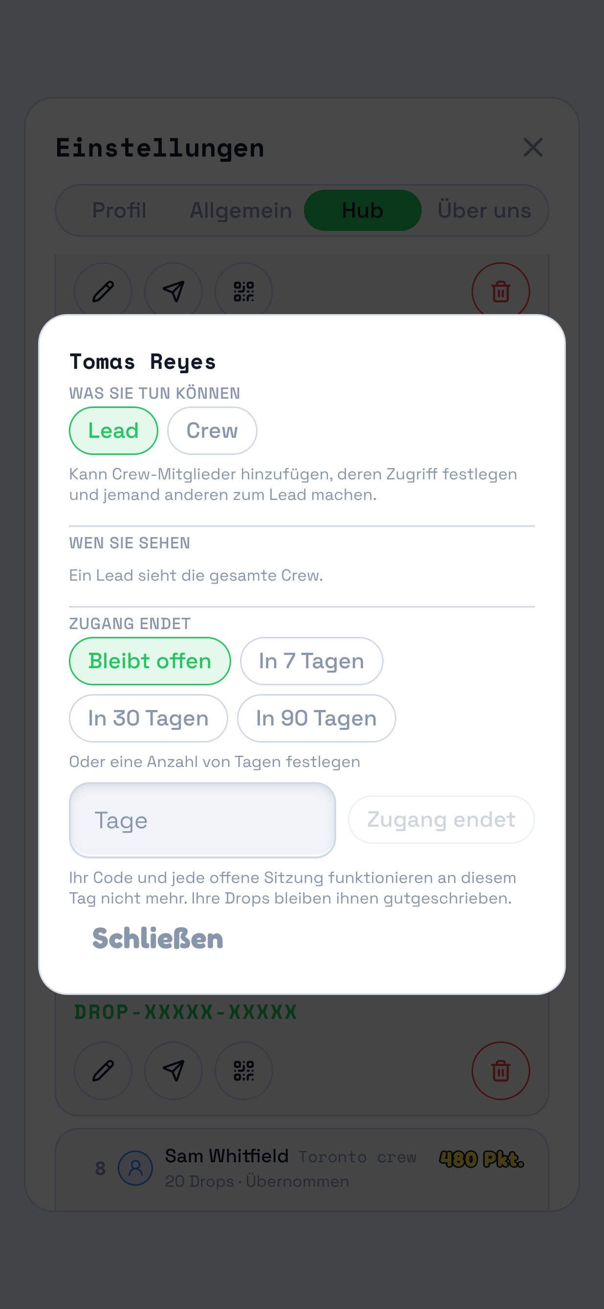 Derselbe Dialog mit ausgewähltem „Lead“. Markiert sind das Auswahlfeld „Lead“ und der Hinweis darunter: Kann Crew-Mitglieder hinzufügen, ihren Zugang festlegen und andere zum Lead machen. Statt der Auswahl unter „Wen sie sehen“ steht dort: Ein Lead sieht die ganze Crew.