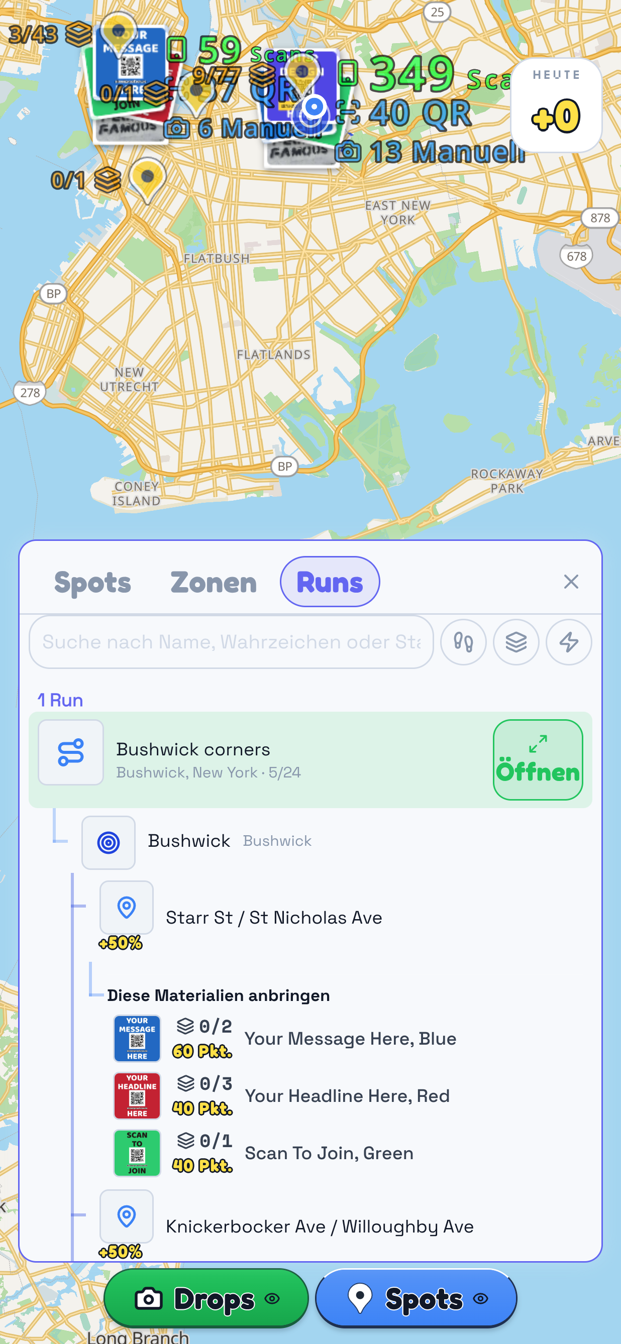 Der Tab „Runs“ in TraceReach Drop über der Karte. Markiert ist der Run „Bushwick corners“ mit „Bushwick, New York“ und „5 von 24“. Darunter eingerückt liegt die Zone Bushwick mit einem Radius von 700 m und zwei Spots darin. Der erste zeigt die drei benötigten Designs.