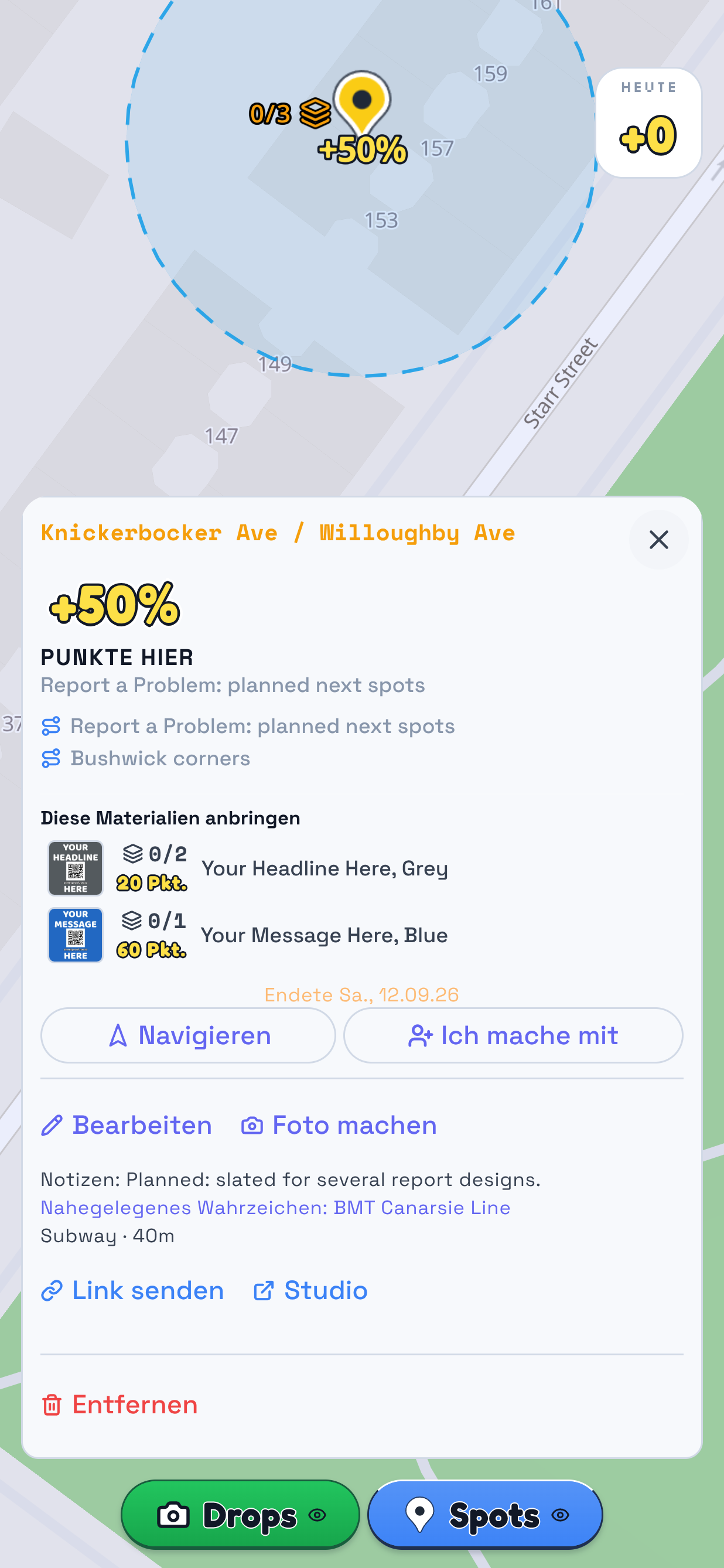 Ein geöffneter Spot in TraceReach Drop: die zugehörige Ecke, zwei gewünschte Designs und die Zahl der Exemplare je Design.