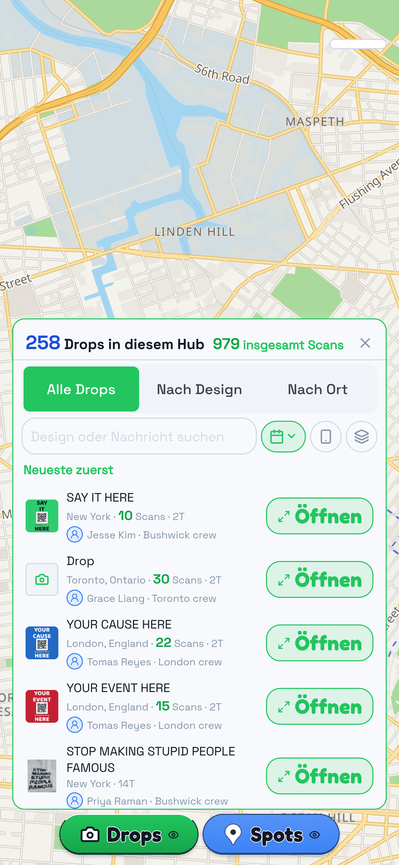 Neue Drops auf der Karte, jeweils mit Design und Datum