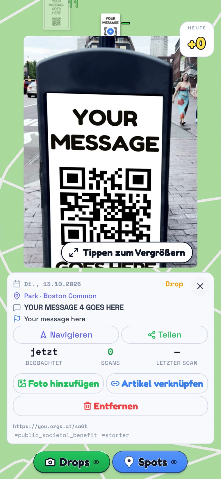 Ein gerade protokollierter Drop: das Foto an der Stelle, an der es aufgenommen wurde, mit Ort und Zeit