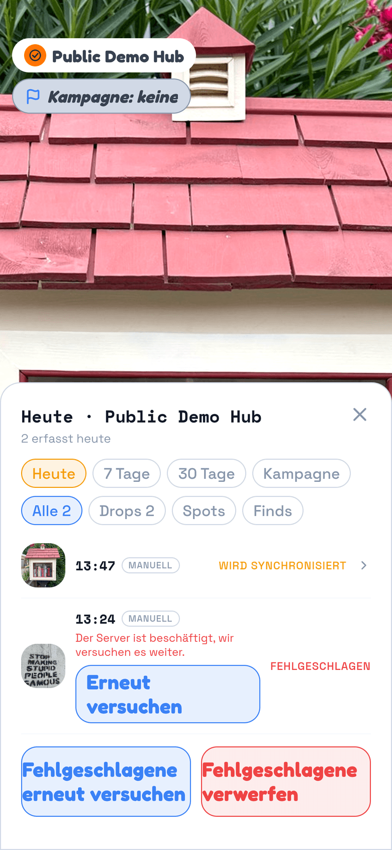 Die Warteschlange in TraceReach Drop: Der gerade erfasste Drop wird synchronisiert, ein früherer ist fehlgeschlagen und kann erneut versucht werden
