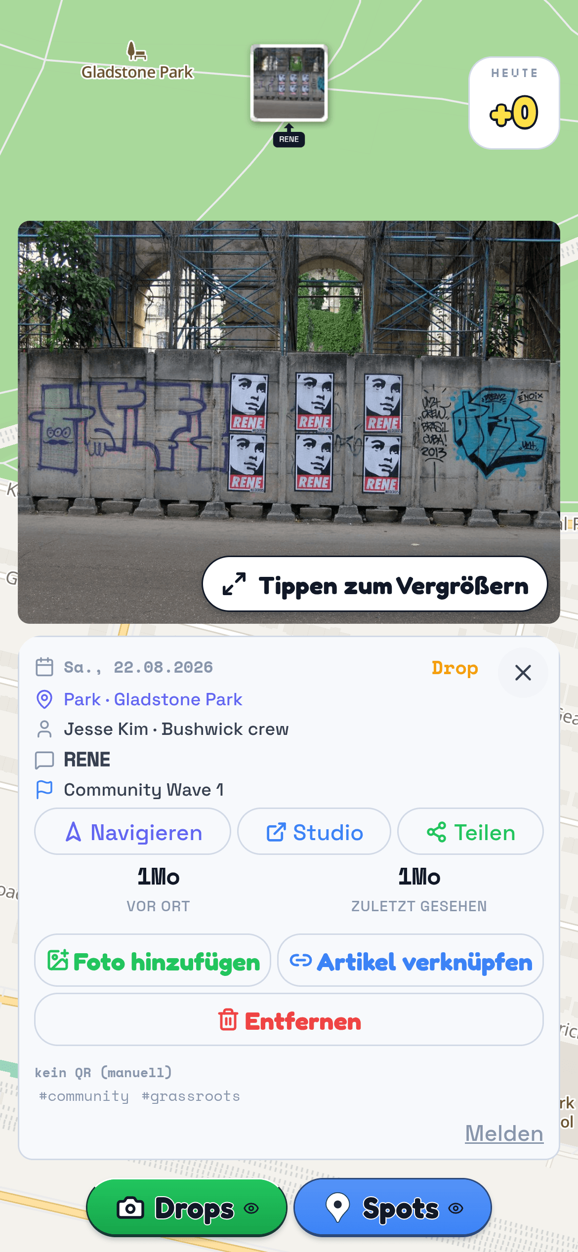 TraceReach Drop zeigt einen erfassten Drop: das Foto des Plakats an seiner Wand, darunter Ort, Datum und Kampagne.
