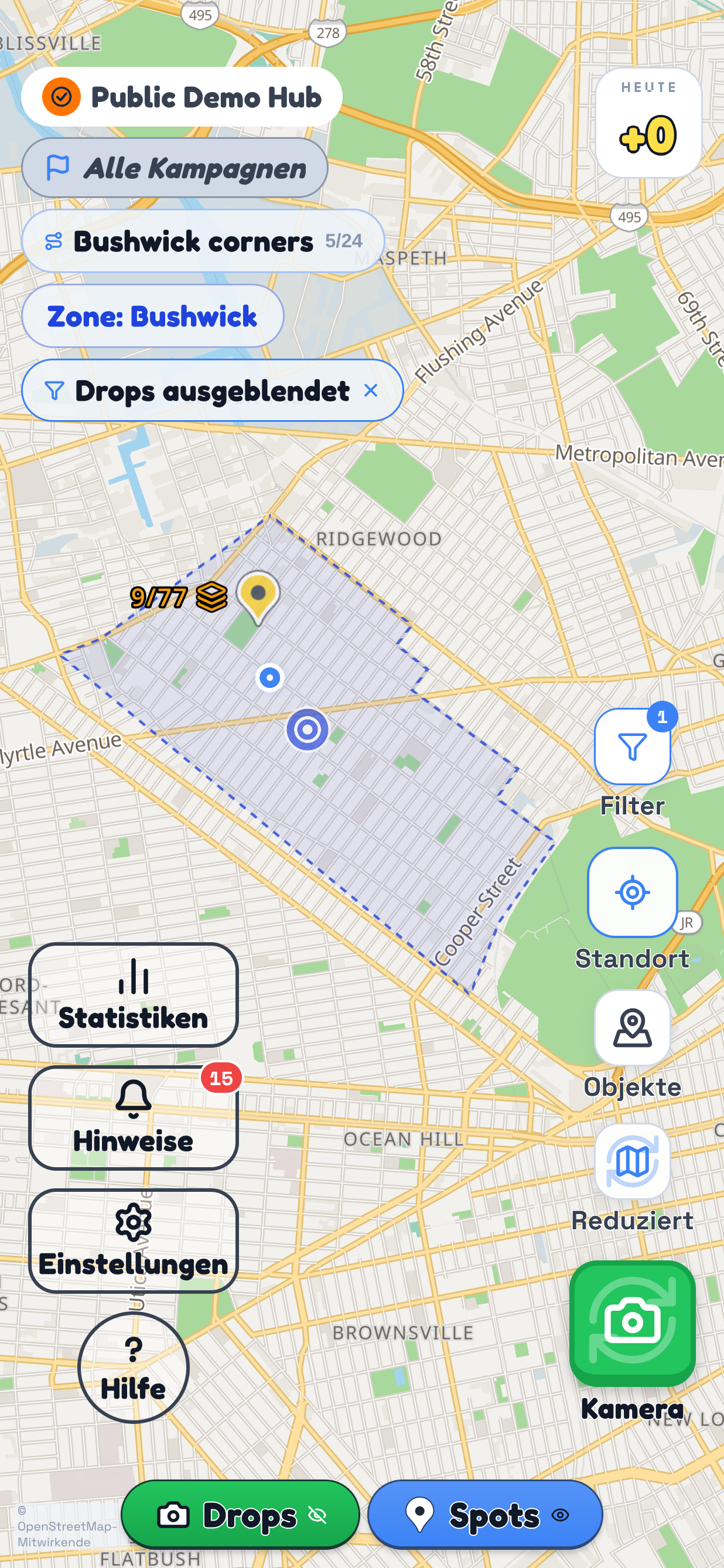 Eine Drop-Zone in TraceReach Drop entlang der Grenze von Bushwick. Darin sind 11 der 65 Spots der Kampagne abgedeckt.