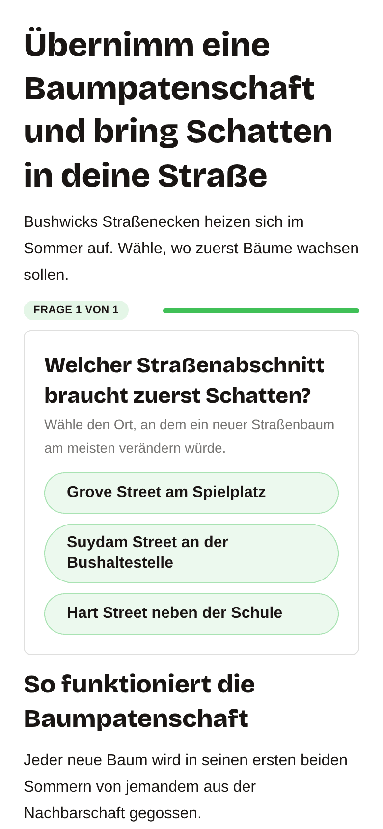 Die vom Plan erstellte Landingpage auf einem Smartphone: „Übernimm eine Baumpatenschaft, bring Schatten in die Nachbarschaft“, mit den drei Antwortschaltflächen der Umfrage