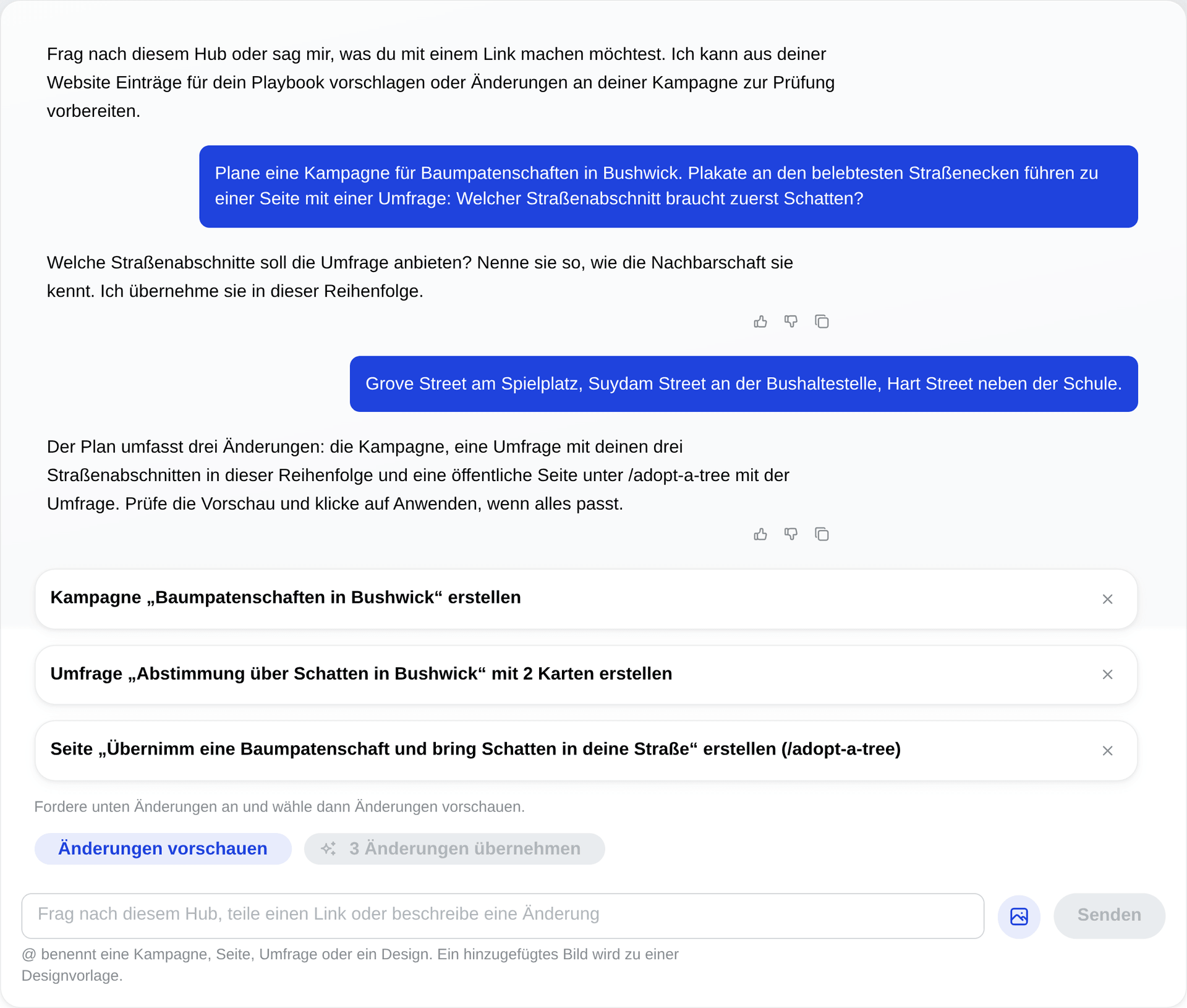 Der Studio-Assistent: zwei Nachrichten im Chat und eine Plankarte mit drei Änderungen, der Kampagne, der Umfrage und der Seite.