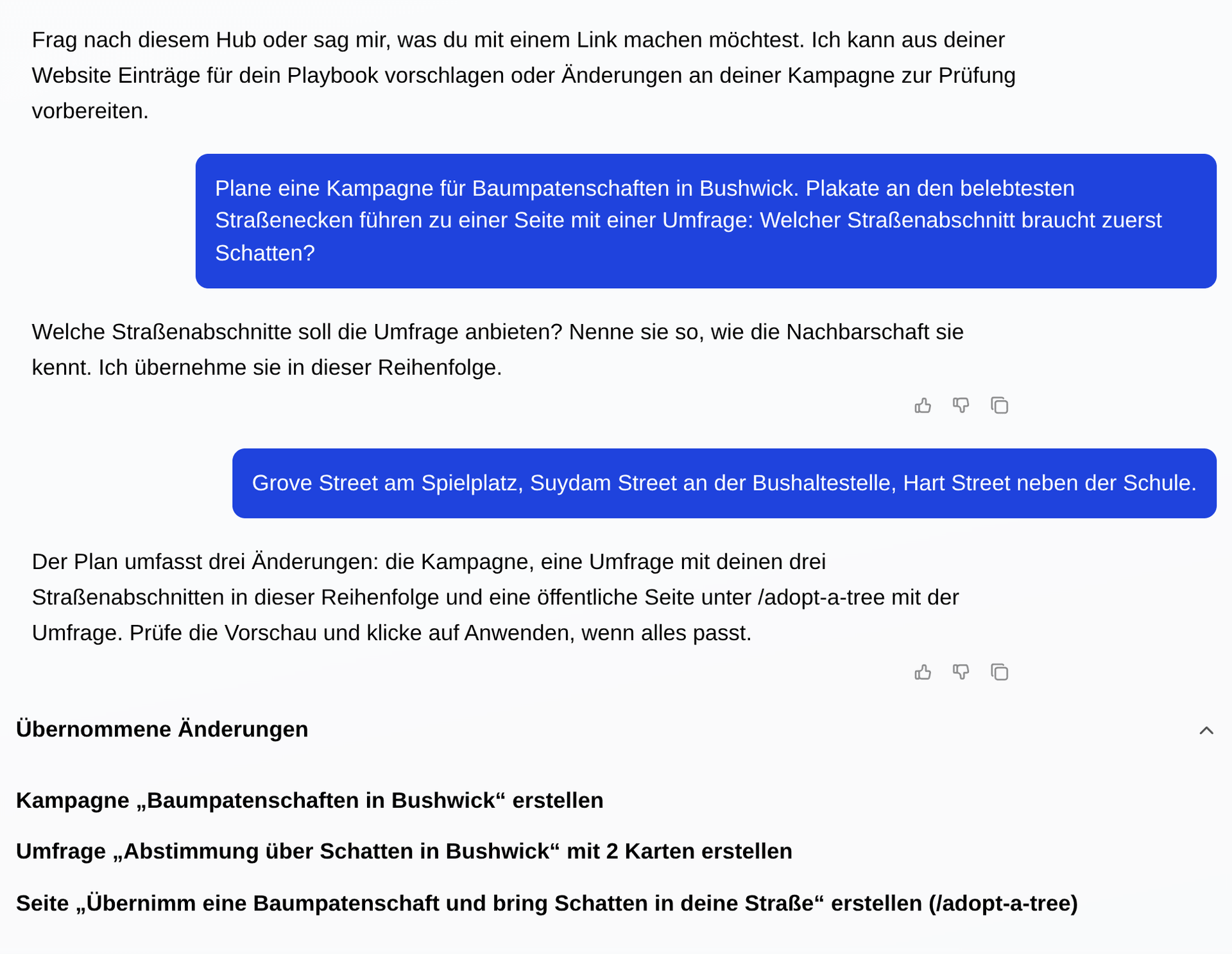 Die Bestätigung „Angewendet“ in Studio: Alles zusammen in deinem Hub gespeichert. Kampagne, Umfrage und Landingpage, jeweils mit einer Spalte JETZT und einer Spalte DANACH