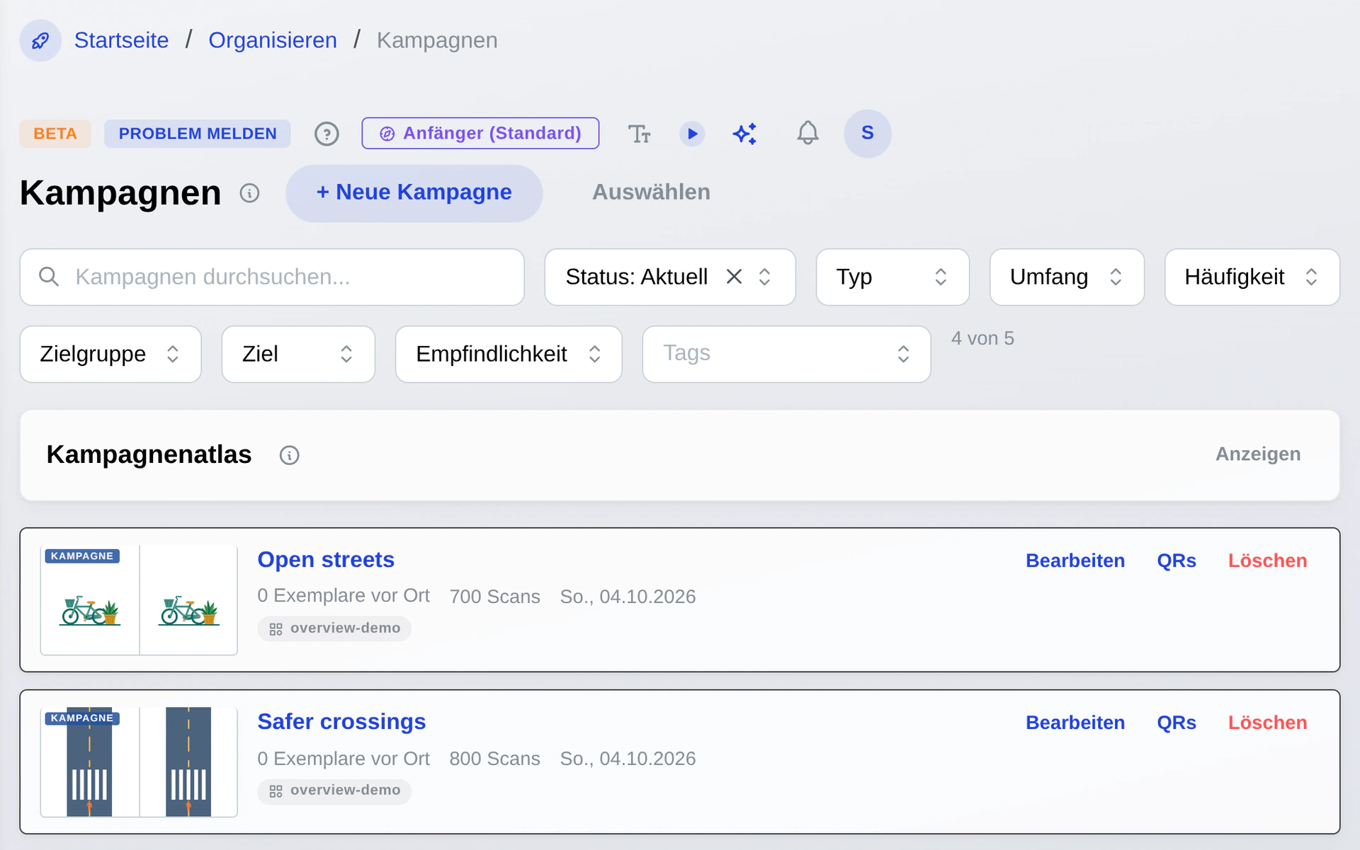 Vergleich über Kampagnen hinweg mit Filtern für Kategorien der Orte