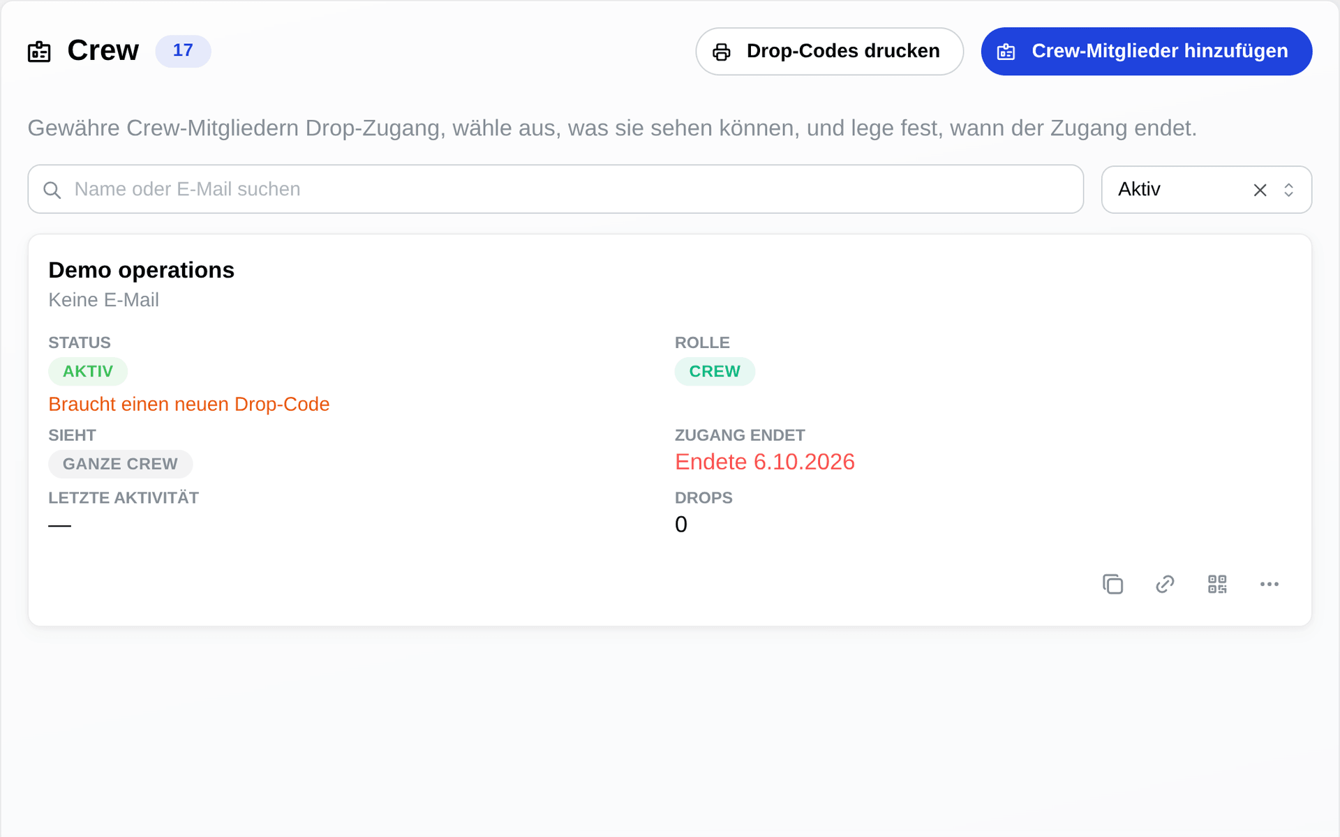 Crew-Liste: Ein Drop-Code pro Mitglied, mit Crew-Tag in TraceReach Studio