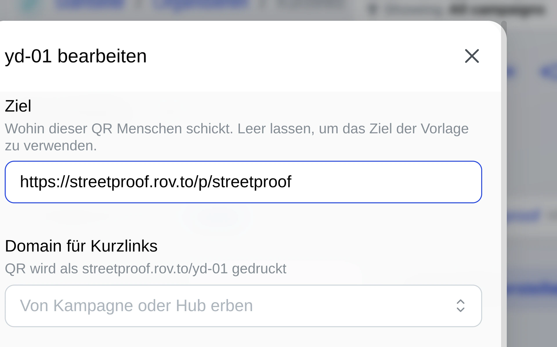 Das Ziel eines Codes in TraceReach Studio ändern: Die neue Adresse ist eingegeben, die gedruckte Adresse steht darunter.