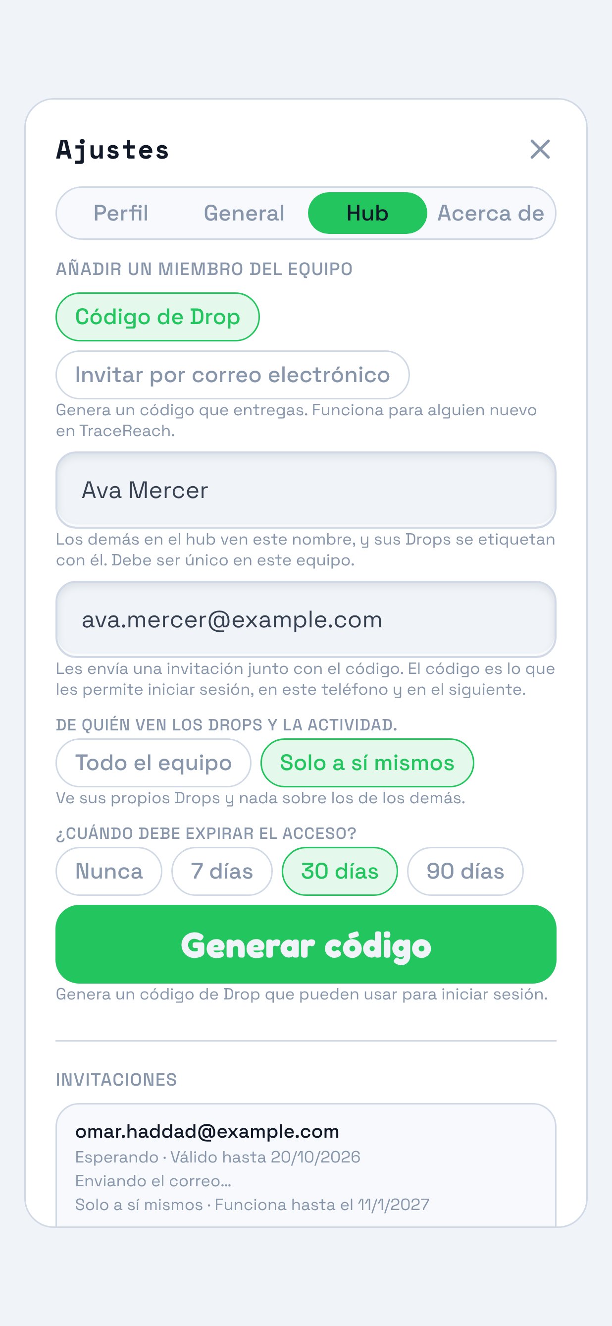 El panel Hub con el formulario de código de Drop relleno. Se destaca el formulario bajo Añadir un miembro del equipo: nombre de perfil, correo opcional para enviar una invitación junto con el código, dos opciones de visibilidad de Drops y actividad, cuatro opciones de fin de acceso y el botón Generar código.