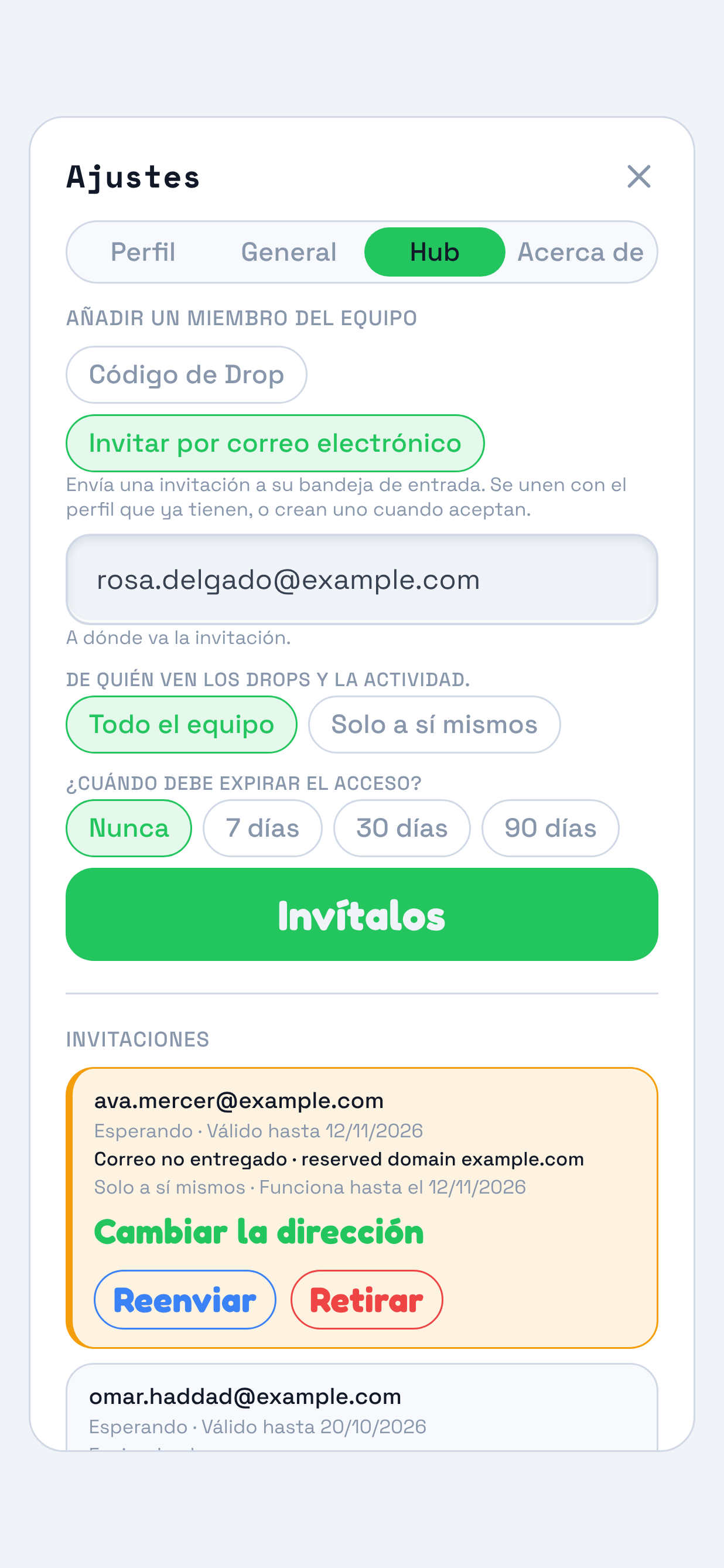El panel Hub con el formulario de invitación por correo abierto. Se destaca el formulario bajo Añadir un miembro del equipo: una dirección de correo, opciones para ver a todo el equipo o solo su propia actividad, opciones de fin de acceso y el botón Invitar.