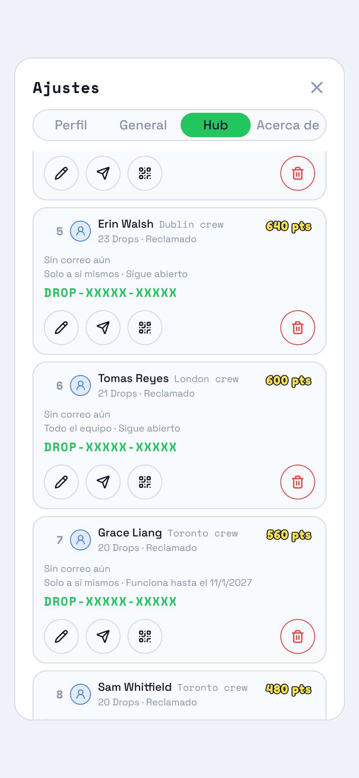 Una fila de un miembro del equipo en el panel Hub en TraceReach Drop. Marcado en ella: su código Drop, impreso bajo la línea que dice Equipo completo, Permanece abierto, y dos de los controles que aparecen debajo, Enviar invitación y Invitación QR.