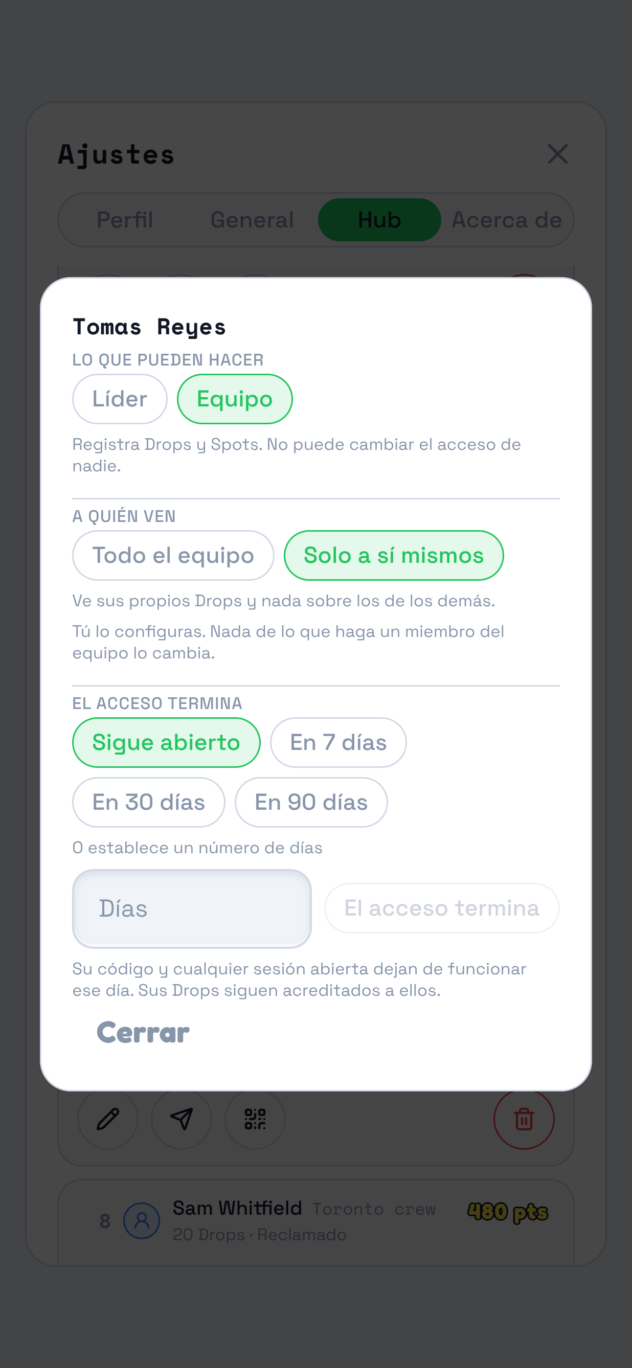 El mismo panel con Solo su propia actividad seleccionado. Se destacan las dos opciones y la explicación inferior: ve sus propios Drops y nada de la actividad de otras personas.