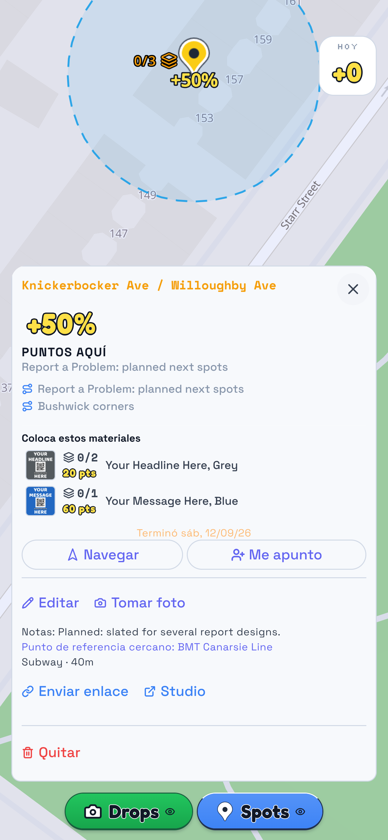 Un Spot abierto en TraceReach Drop muestra la esquina, los dos diseños que se piden y cuántos ejemplares de cada uno