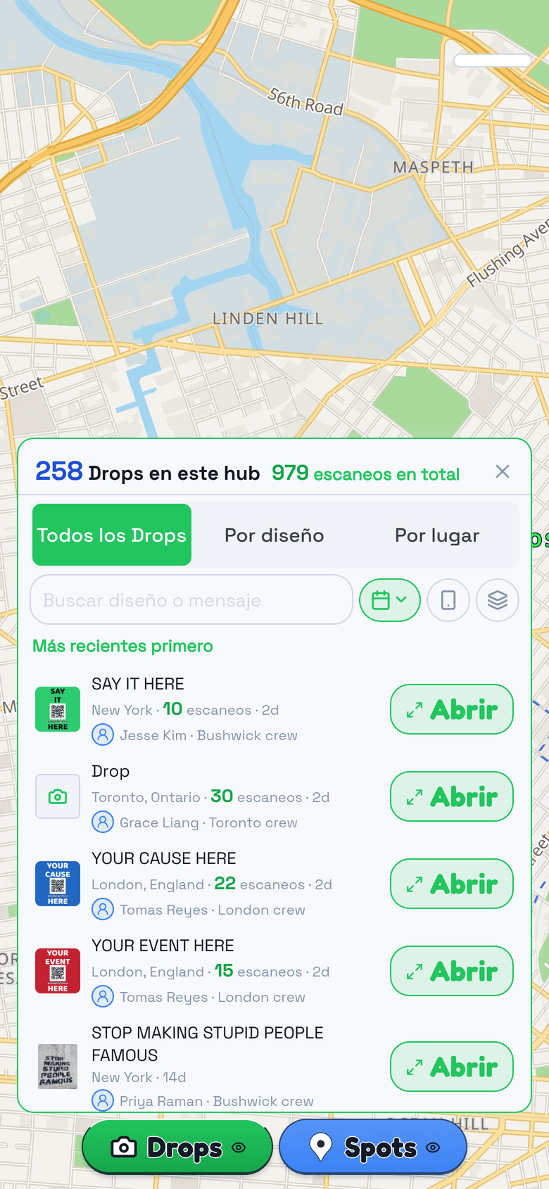 Drops recientes en el mapa, cada uno con su diseño y fecha