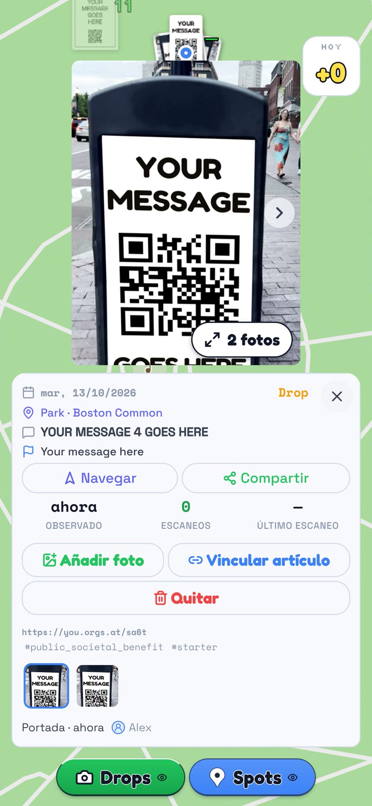 Un Drop recién registrado: la foto fijada en el lugar donde fue tomada, con su ubicación y hora