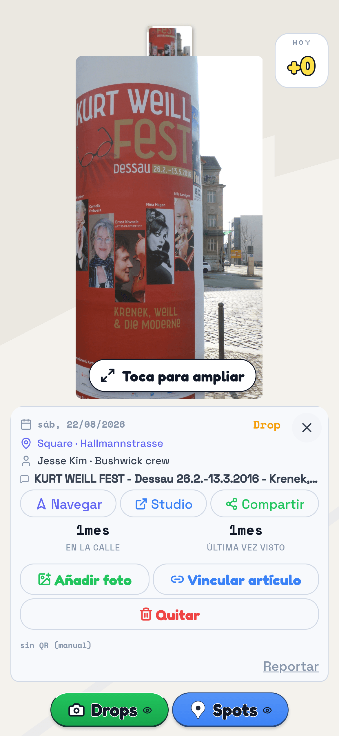 La misma columna como un drop en el mapa, con foto, lugar y hora