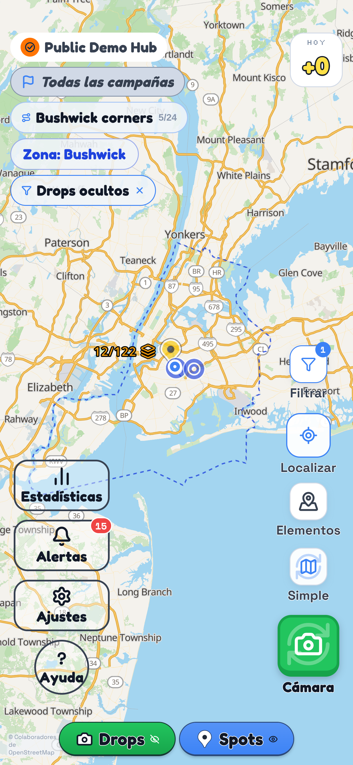 Una zona de Drops que sigue el límite de Nueva York en TraceReach Drop, con 15 de sus 110 Spots cubiertos