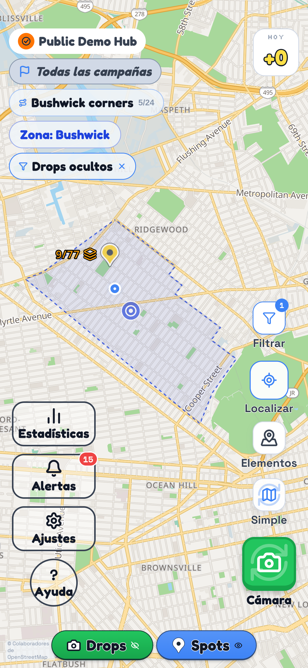 Una zona de Drops en TraceReach Drop que sigue el límite de Bushwick, con 11 de los 65 Spots de la campaña cubiertos dentro de ella