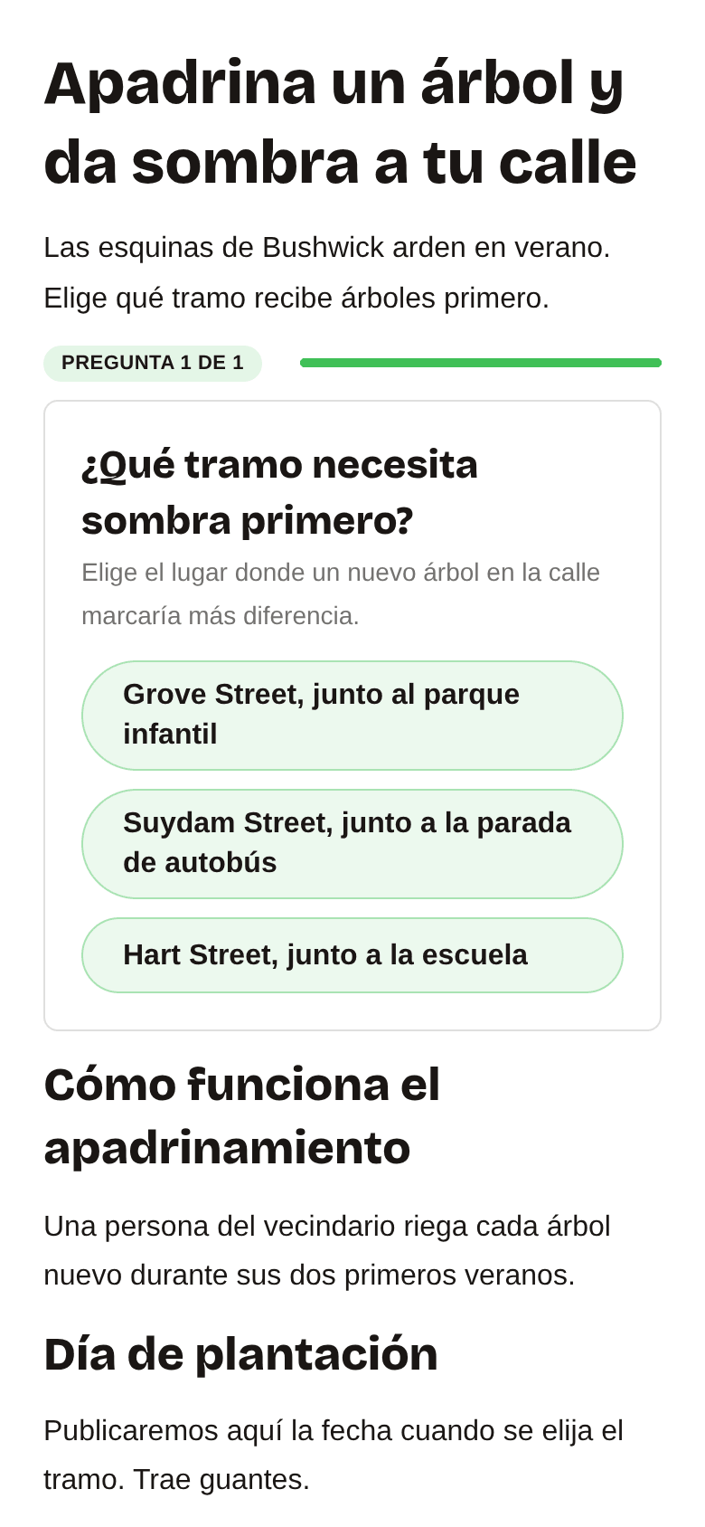 La página de destino que crea el plan, en un teléfono: Adopta un árbol, dale sombra a una manzana, con los tres botones de respuesta de la encuesta
