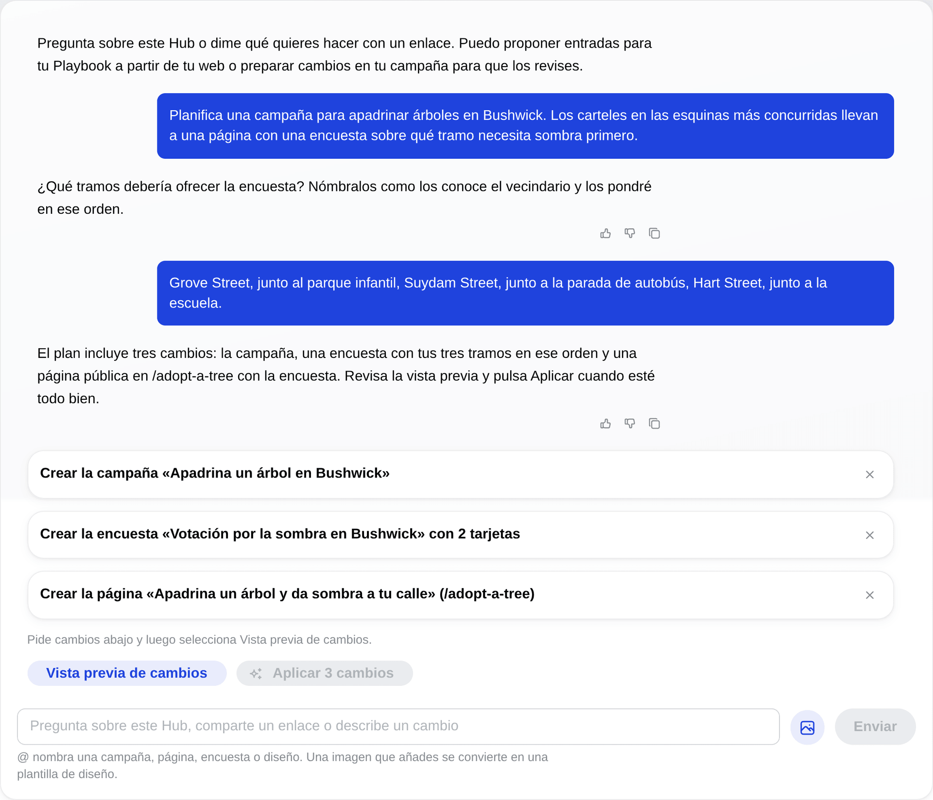 El asistente de Studio: dos mensajes en el chat y una tarjeta del plan con tres cambios, la campaña, la encuesta y la página.