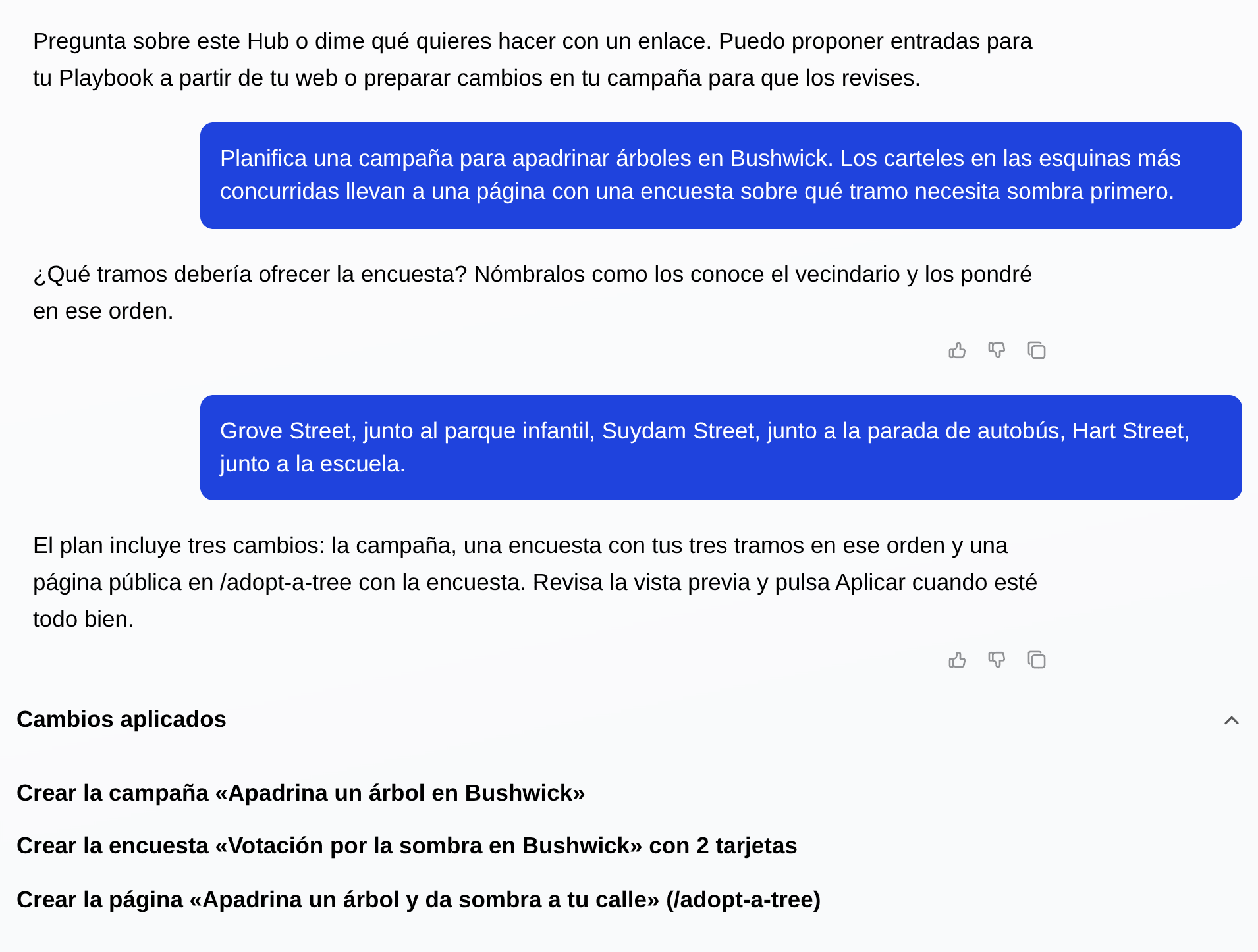 La confirmación de Aplicado en Studio: todo guardado en tu Hub. La campaña, la encuesta y la página de destino, cada una con una columna AHORA y otra DESPUÉS