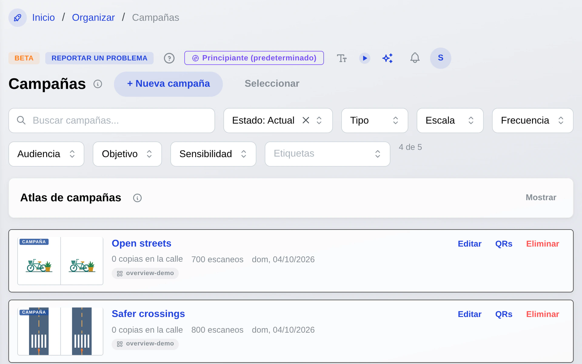 Comparación entre campañas con filtros de categorías de ubicación