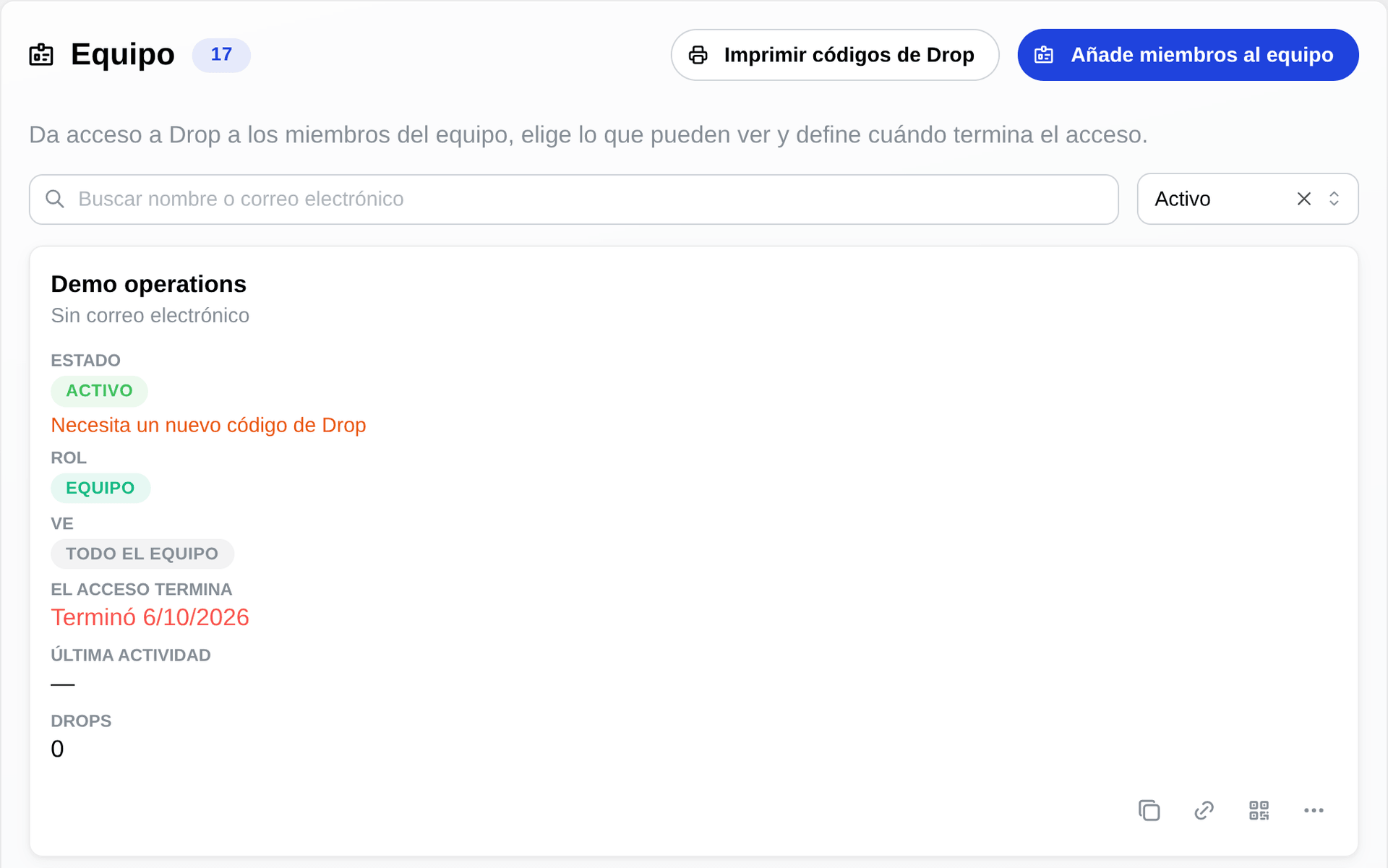 Lista del equipo: un código Drop por miembro, etiquetado por el equipo, en TraceReach Studio
