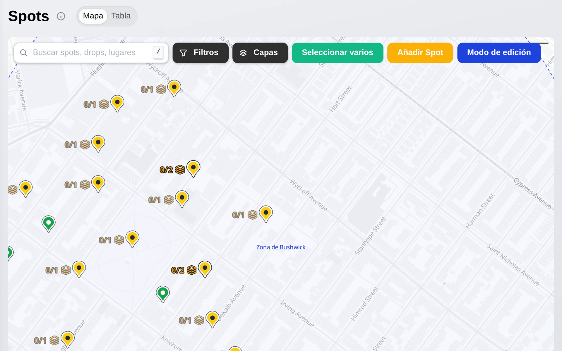 Spots planificados, asignados y cubiertos en el mapa de la campaña