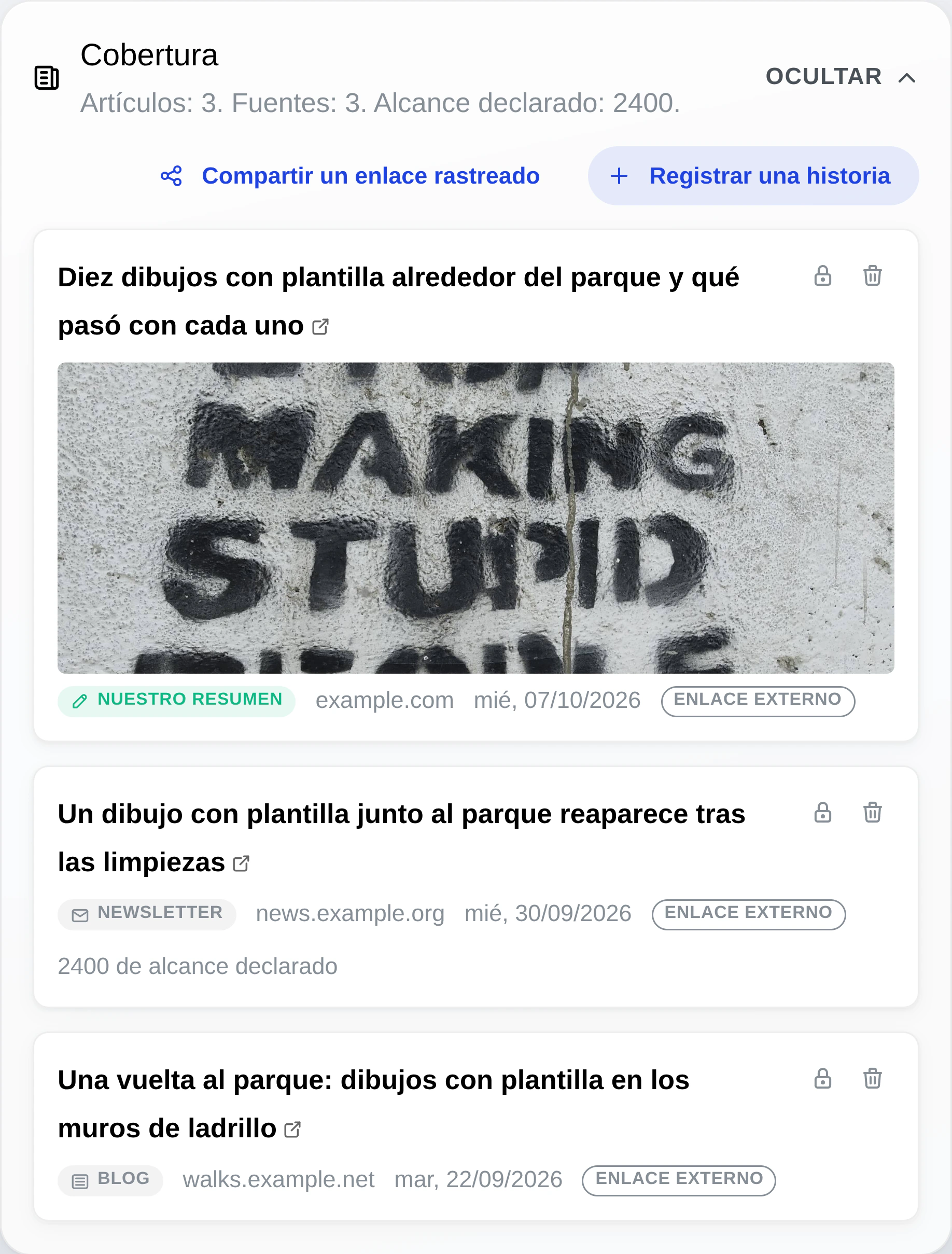 El panel de Cobertura en la página de diseño del estencil de la pared, listando historias que lo mencionan.
