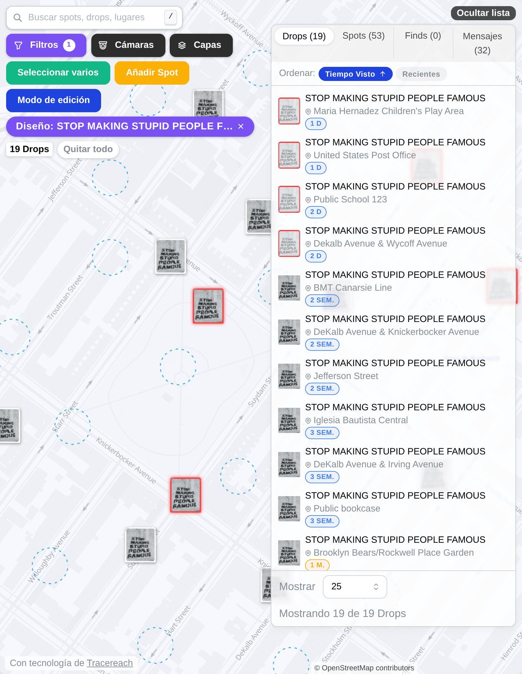 El mapa de Drops de Studio alrededor de un parque en Brooklyn, restringido al estencil de pared: cada copia es una tarjeta, cuatro de ellas enmarcadas en rojo como eliminadas. Al lado, la lista de Drops ordenada por tiempo visto, empezando por los más cortos: las cuatro copias eliminadas a 1 o 2 días, luego copias aún presentes a 2 semanas, 3 semanas y un mes.