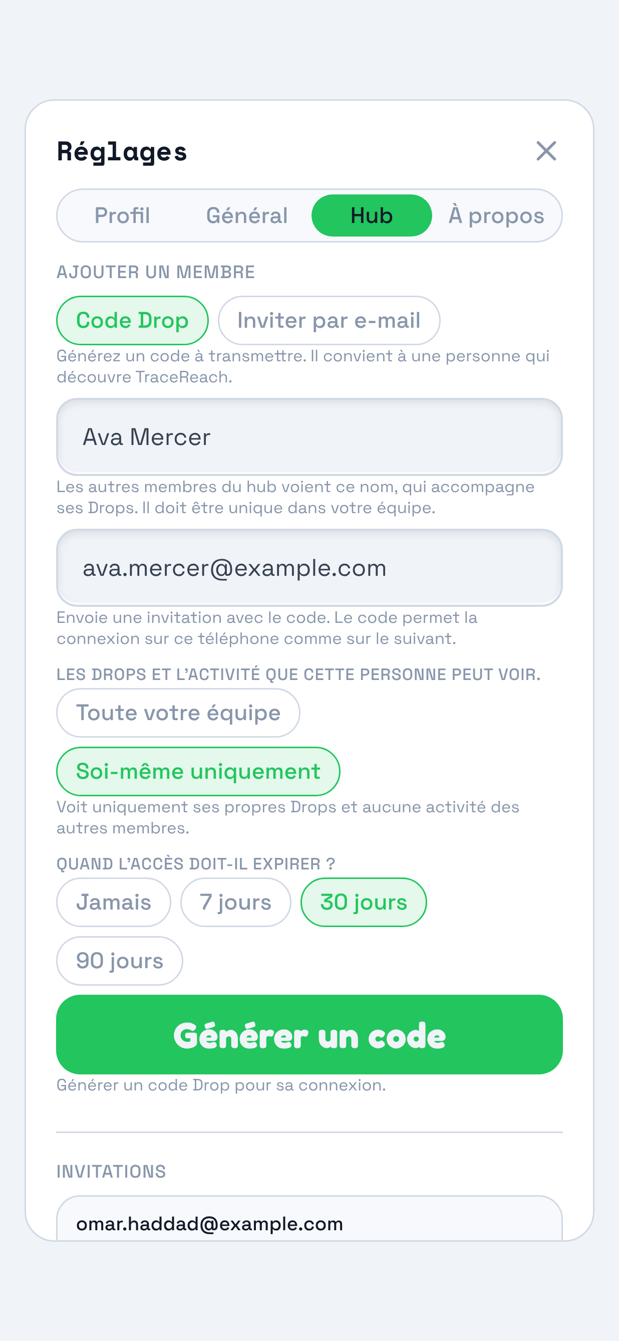 Le panneau Hub avec le formulaire de code Drop rempli. Le repère entoure le formulaire sous Ajouter un membre : nom de profil, e-mail avec indication sur l’invitation, choix des Drops et de l’activité visibles, quatre options de fin d’accès et bouton Générer un code.