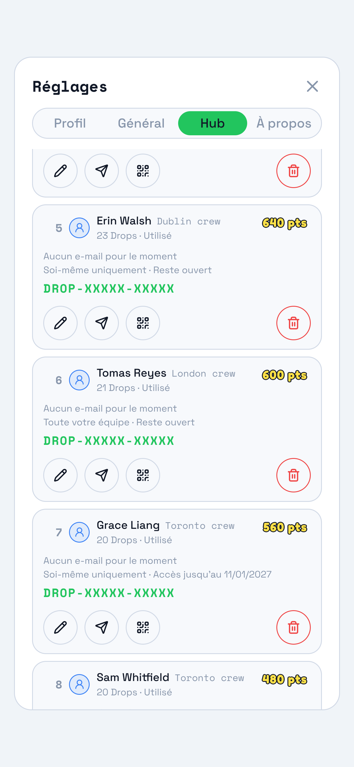 La ligne d'un membre de votre équipe dans le panneau Hub de TraceReach Drop. Les repères entourent son code Drop, sous la ligne « Toute votre équipe, Reste ouvert », et les boutons Envoyer l'invitation et Invitation QR.