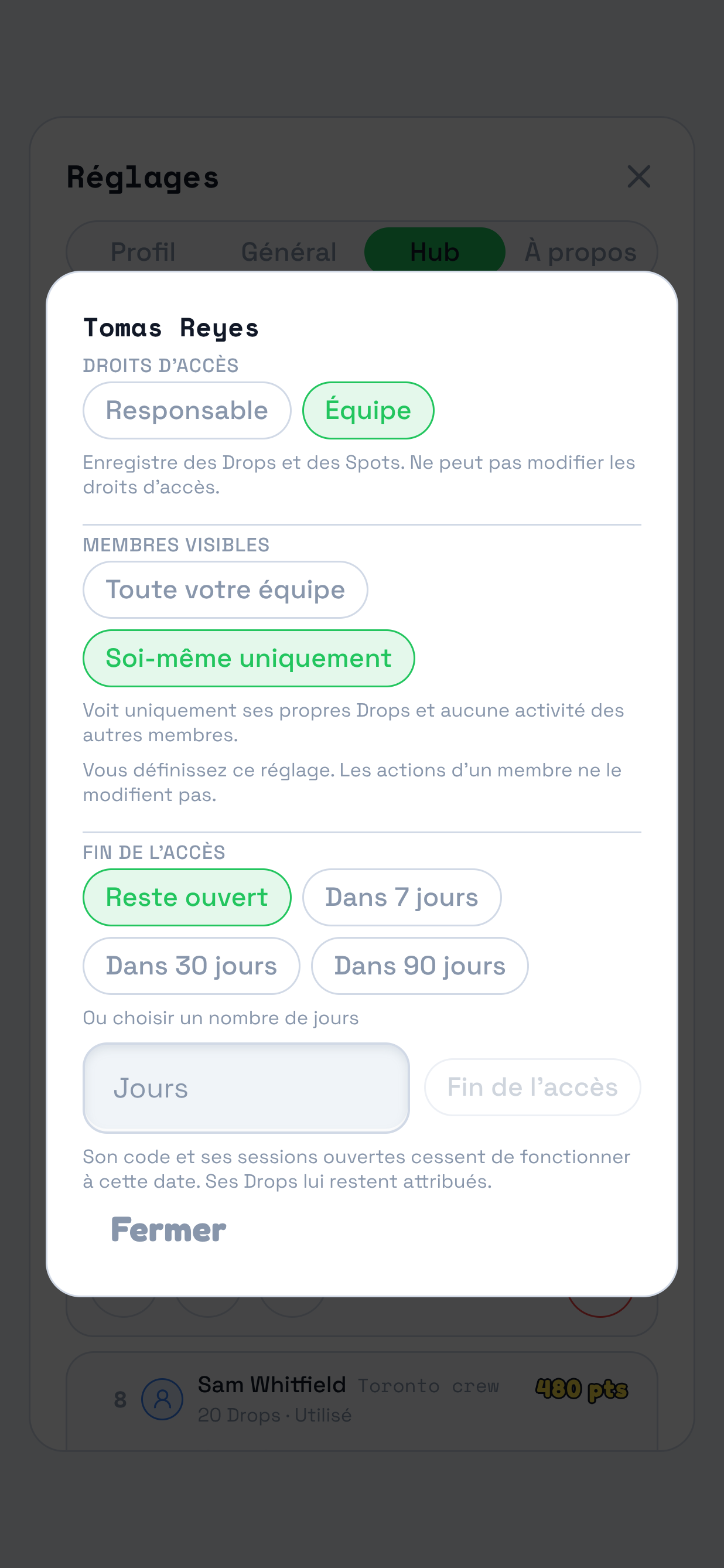 Le même formulaire avec Soi-même uniquement sélectionné. Le repère entoure les deux options, dont celle-ci est active, et l’indication précisant que seuls ses propres Drops sont visibles, sans les informations des autres.