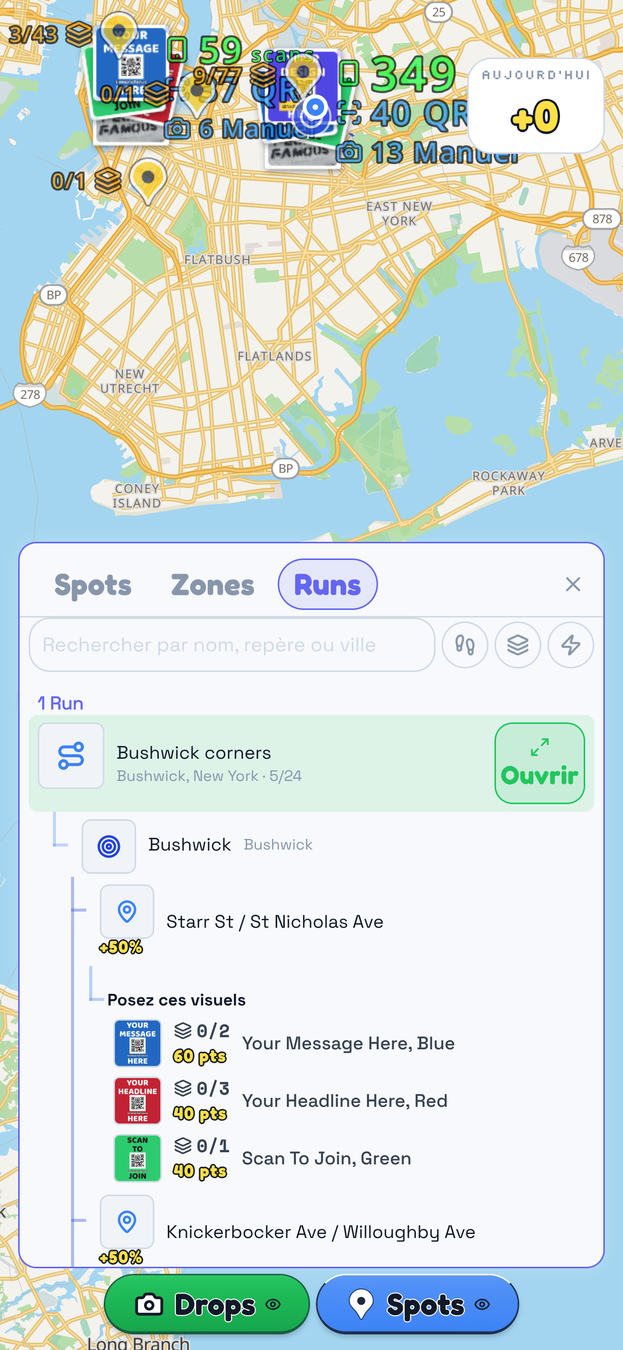 L’onglet Runs dans TraceReach Drop, au-dessus de la carte. Le repère entoure le Run Coins de Bushwick, avec Bushwick, New York et 5 sur 24. En dessous figurent la zone Bushwick de 700 m et deux Spots ; le premier montre les trois visuels demandés.